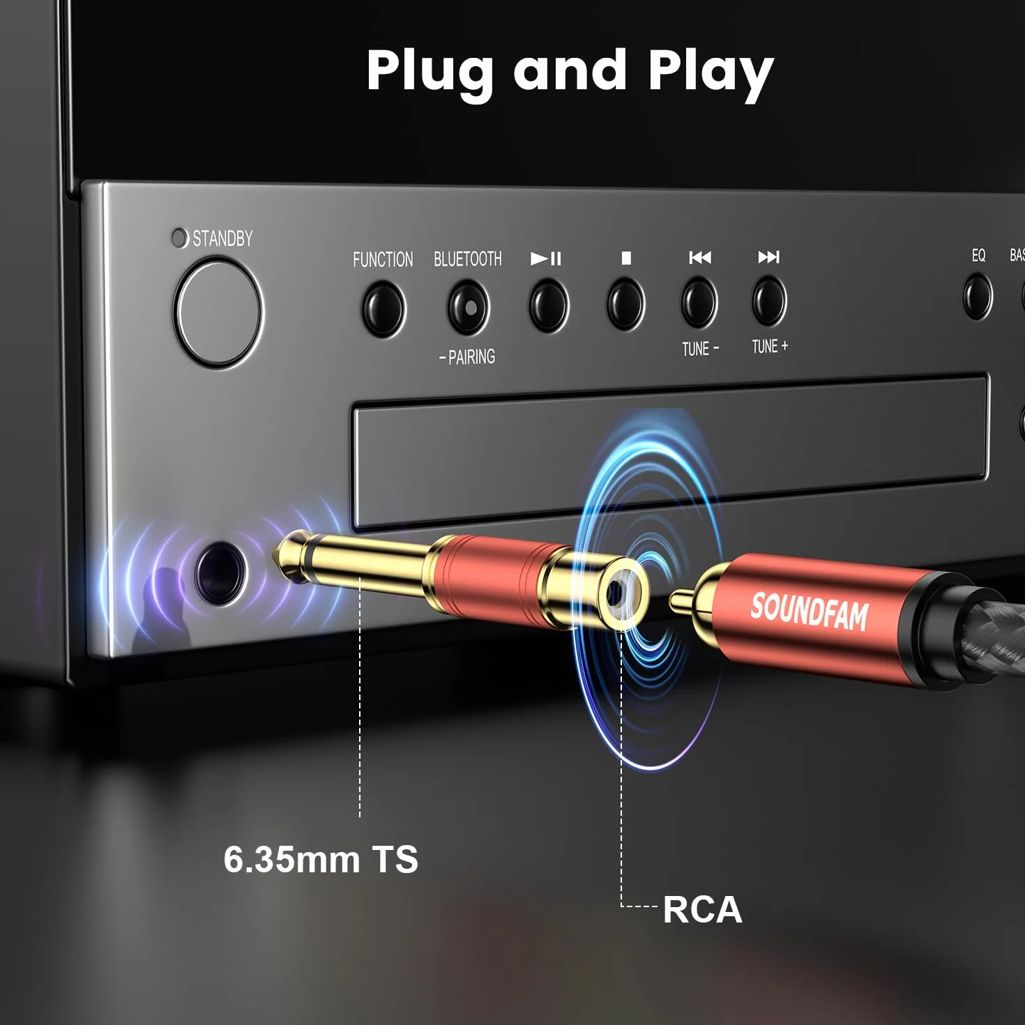 Adattatore Audio RCA a Jack 6,35mm 2 Pezzi - 6,3mm 1/4'' TS Maschio a RCA Femmina (Mono, 24K Dorati, Rosso)