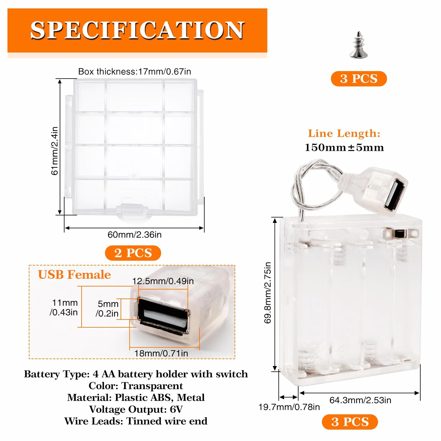 6V Supporto Batteria AA con Interruttore On/Off e Cavi USB Femmina, 3 Pezzi, Custodia Trasparente