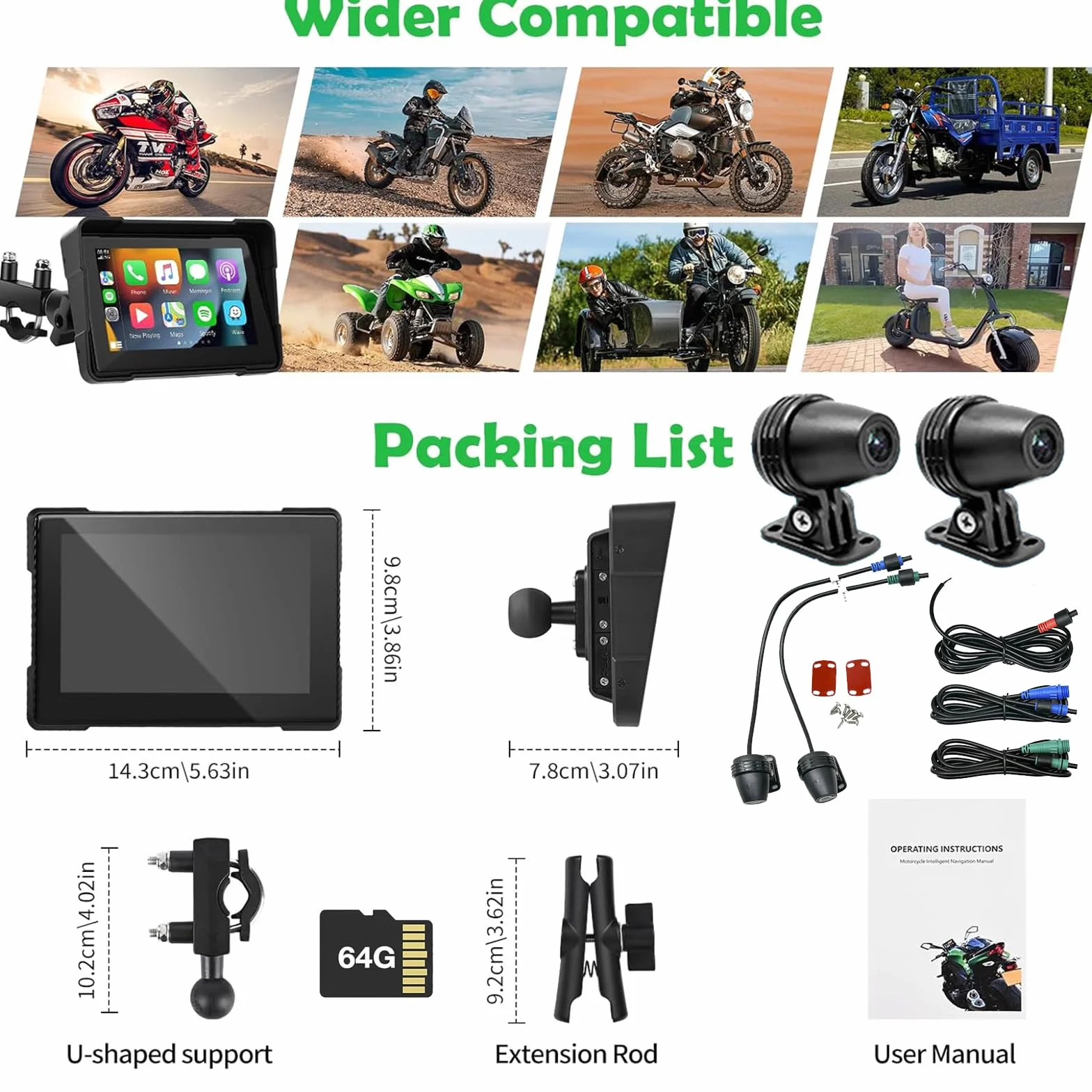 Euakee 5 Pollici Impermeabile Touch Screen Moto Car-play & Android Auto Navigatione GPS Wireless 1000 Nit