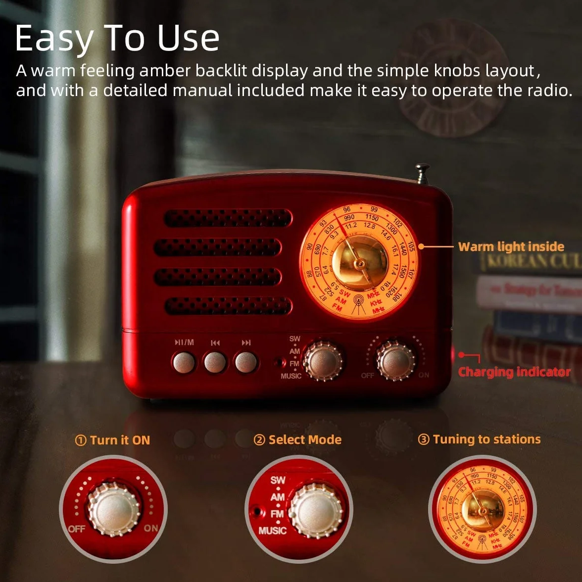 PRUNUS J-160 Radio Portatile Vintage FM/AM/SW, Altoparlante Bluetooth Retro, Batteria Ricaricabile 1800 mAh (Rosso)