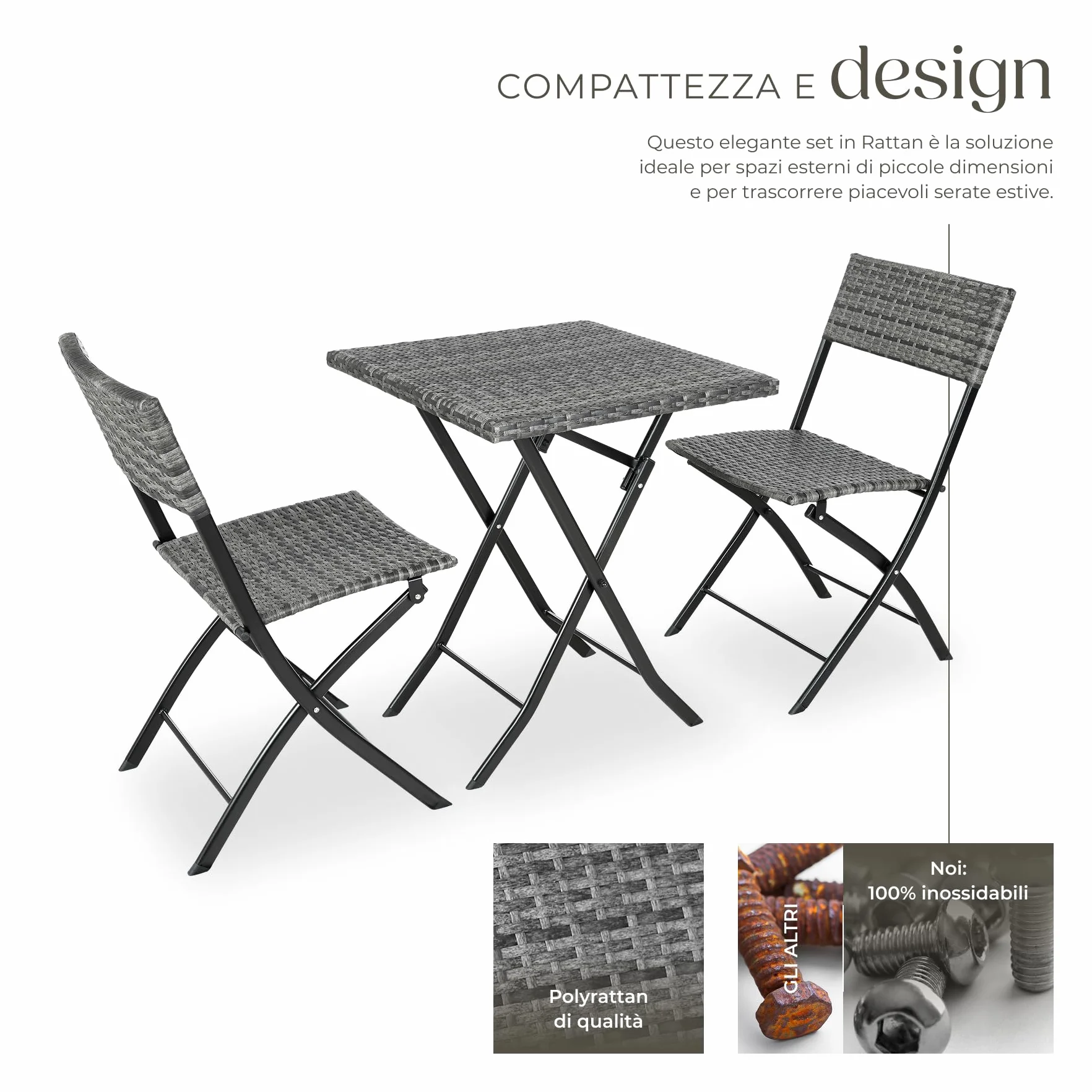 tectake® Set 3 Pezzi Trevi in Rattan, 1 Tavolo con 2 Sedie, Protezione dai Raggi UV, Ripiegabile, Design Moderno, Set Giardino, Terrazzo, Balcone, Campeggio - Grigio