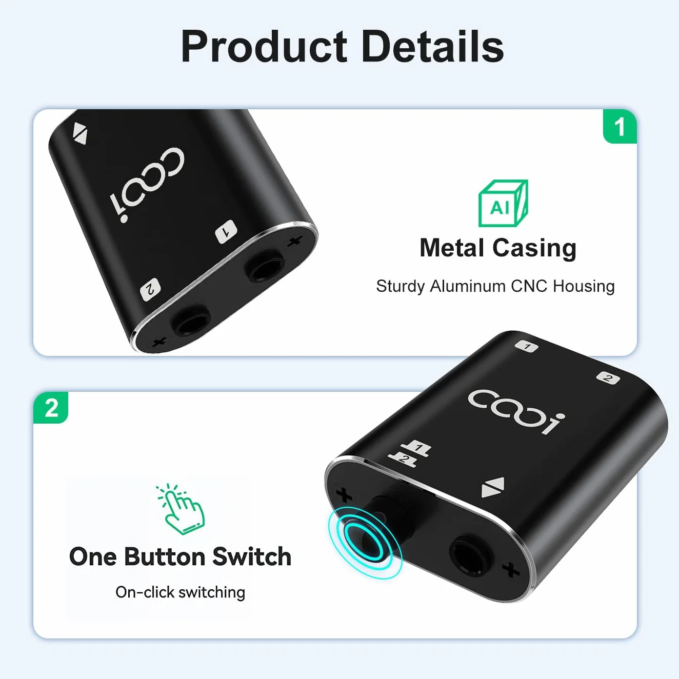 COOIDEA Switch Audio Stereo da 3,5 mm 1 Ingresso 2 Uscite 2 Ingressi 1 Uscita Selettore Altoparlanti AUX 2 Porte per PC Telefono Laptop Cuffia