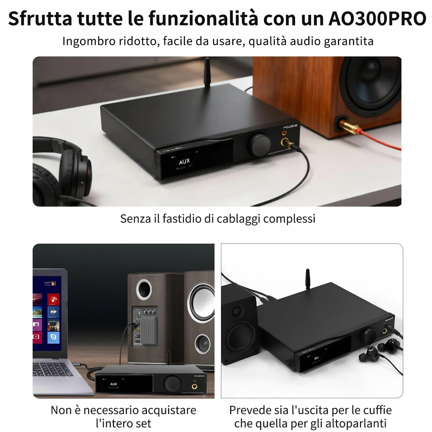 SMSL AO300 PRO Potenza Amplificatore DAC CS43131 165W MQA USB Coax Ottico RCA 2.1 Canali Cuffie 4.4mm 6.35mm Argento