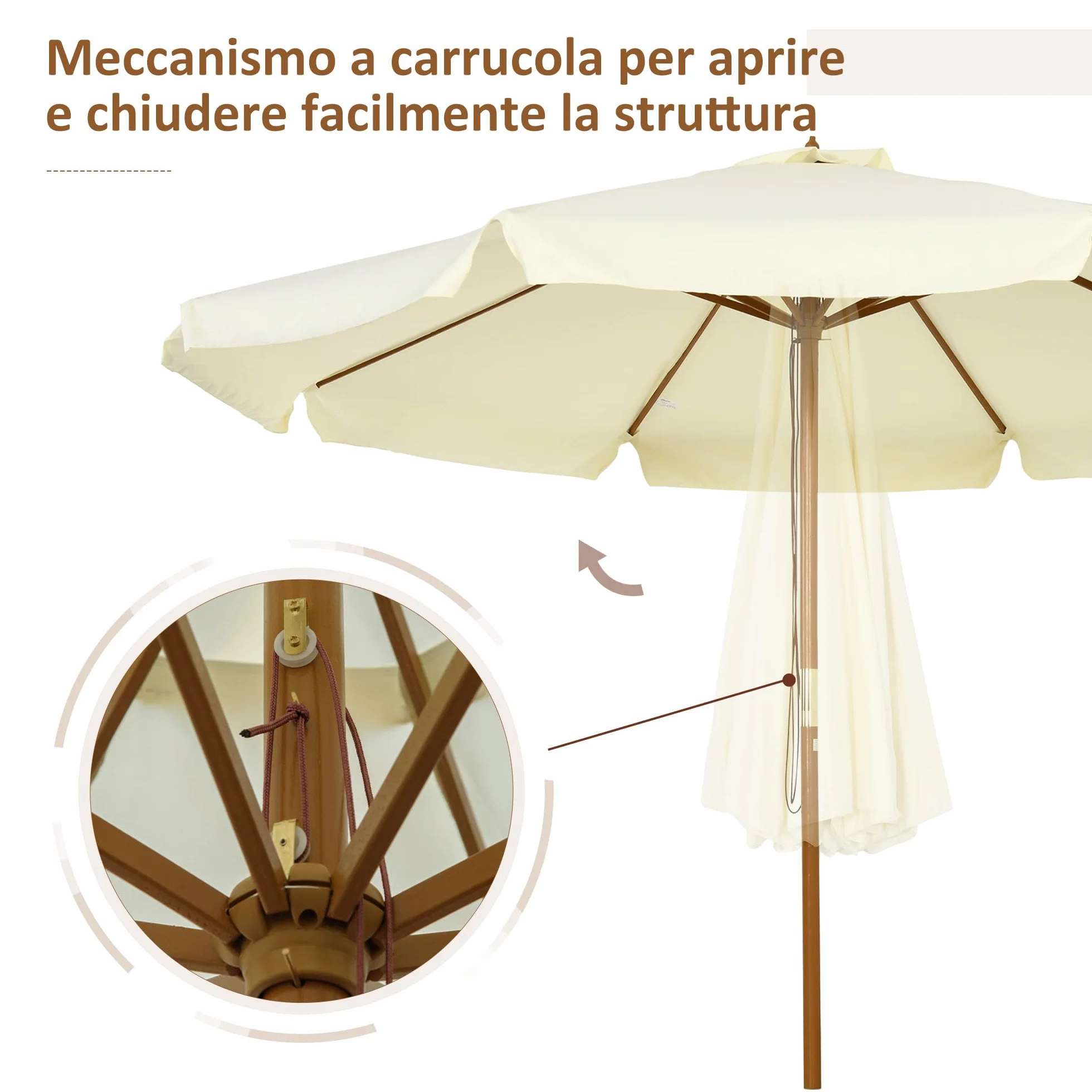 Outsunny Ombrellone da Giardino Ø3.25m con Corde, Apertura Regolabile e Prese d'Aria, Ombrellone da Esterno con 8 Stecche in Legno, Bambù e Poliestere 180g/㎡, per Cortile, Terrazza e Balcone