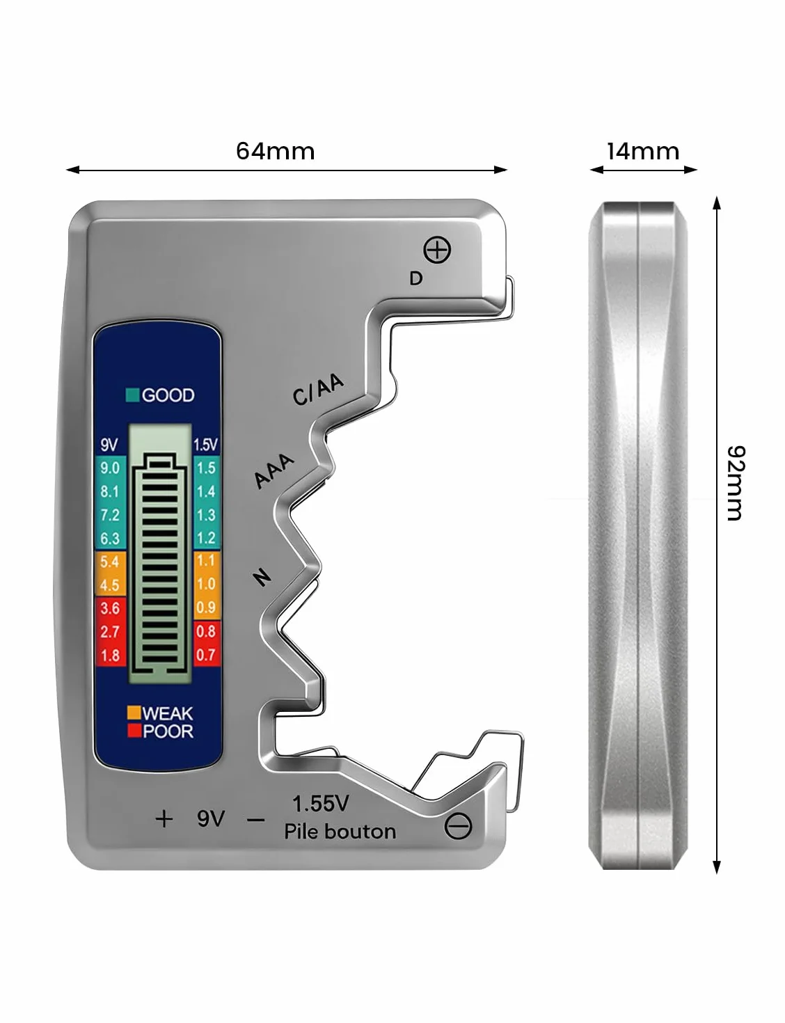Testatore universale per batterie con display LCD AA AAA N C D 9V pile a bottone 1,55V mini pile
