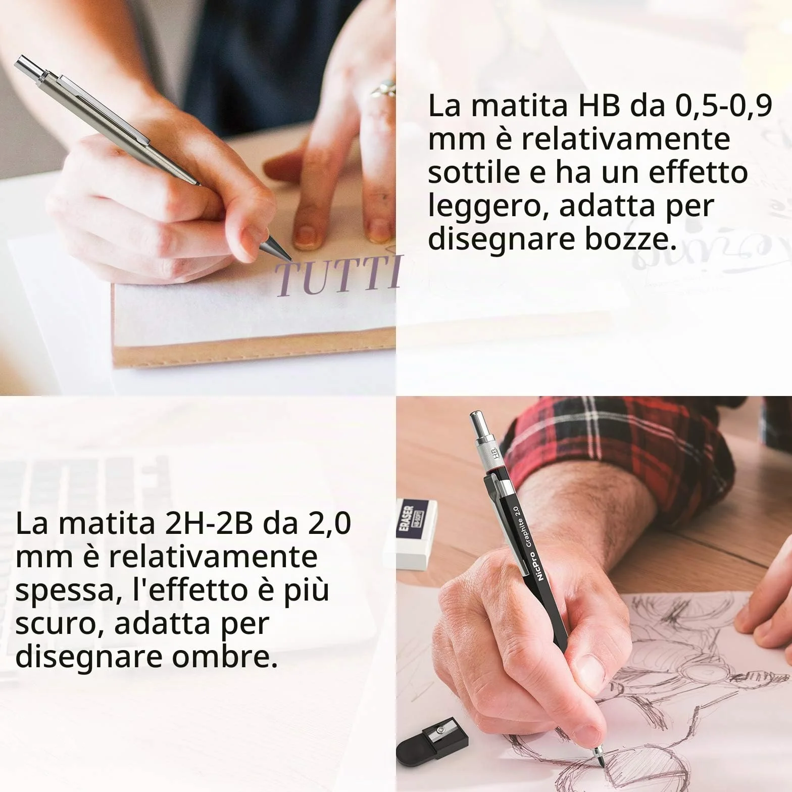 Nicpro 6 Pezzi Metallo Matite Meccaniche Set, 0,5 mm 0,7 mm 0,9 mm 2mm, Portamine con 12 Tubo Mine, Gomma, Temperamatite, Astuccio per Artista