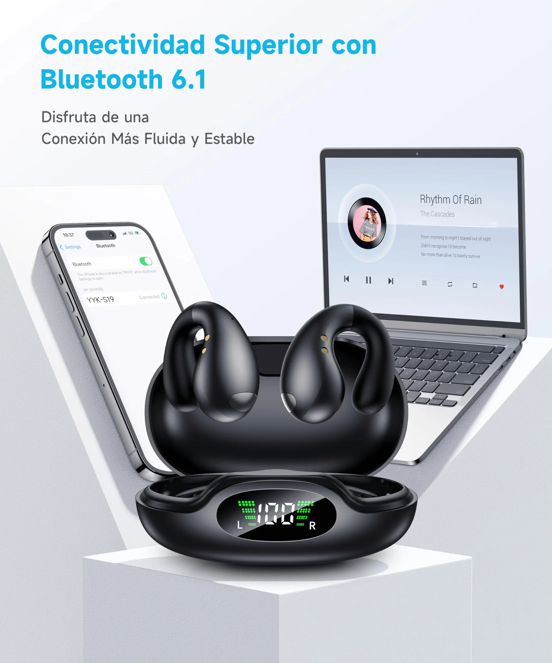 Cuffie Bluetooth 6.1 Sport Wireless Auricolari Clip Orecchio IPX7 Nero