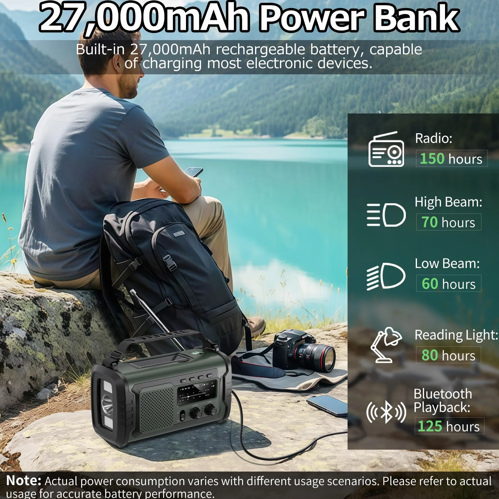 Radio a Manovella 27000mAh FM AM Bluetooth 5.3 Solarecon Allarme SOS Bussola Torcia Elettrica