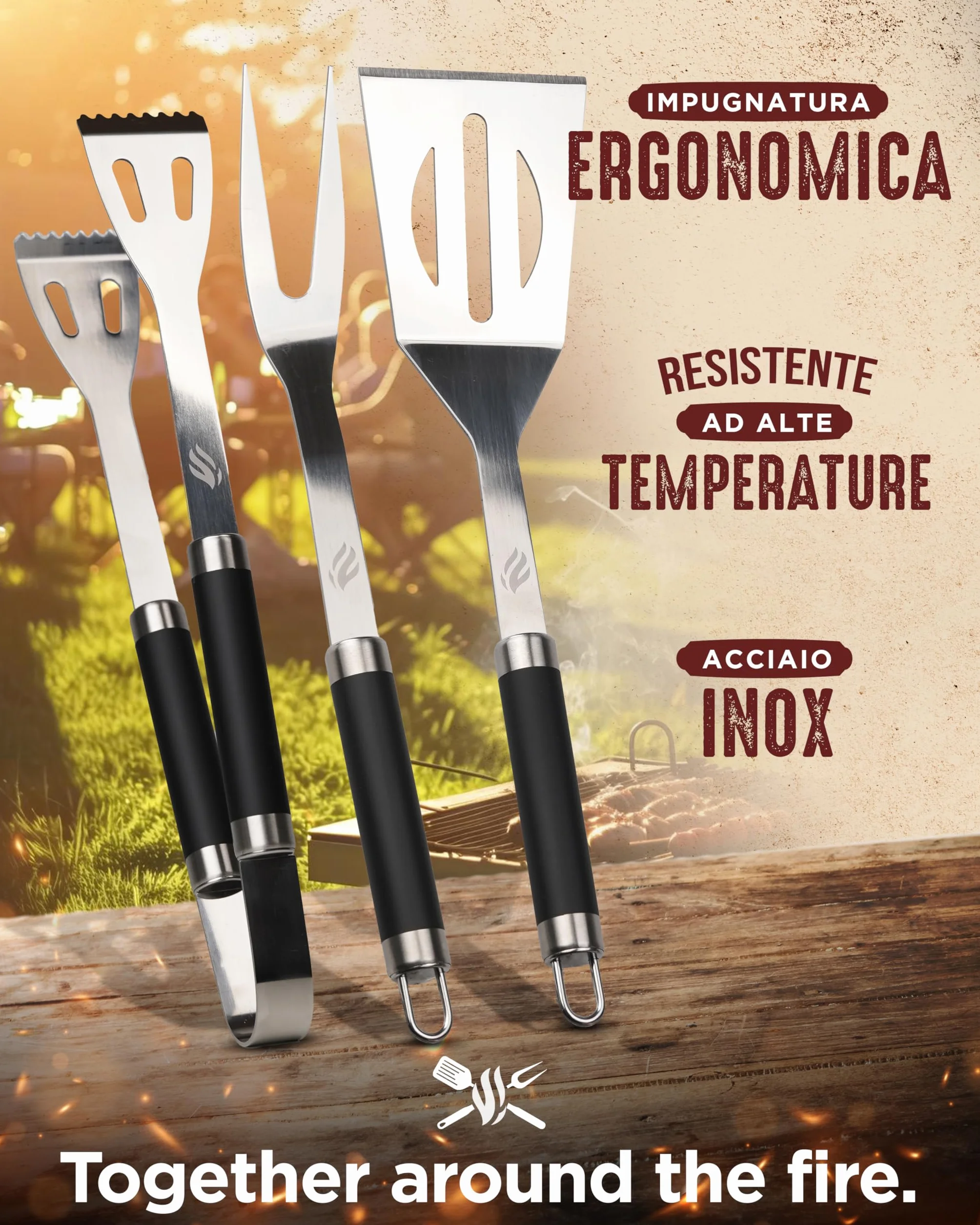 HORUS 23® - Set Accessori Barbecue Professionale con Borsa Porta Attrezzi Barbecue - 4 Accessori BBQ: Pinze, Spatola, Forchettone e Guanto Ignifugo