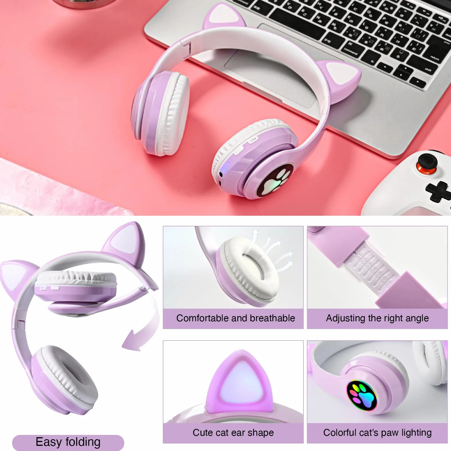 Cuffie Wireless Bambini con LED, Bluetooth Cuffie con Orecchie Gatto Pieghevoli con Microfono, Micro SD Regalo Natale Compleanno Ragazze Viola