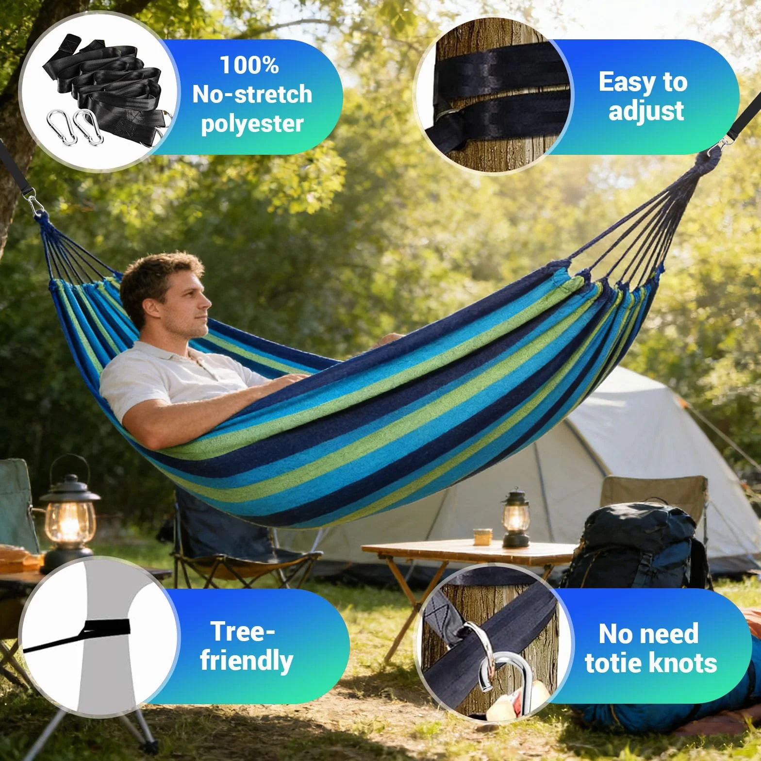 Amaca da Campeggio Doppia 200x150cm 250kg con Cinghie in Nylon e Moschettoni