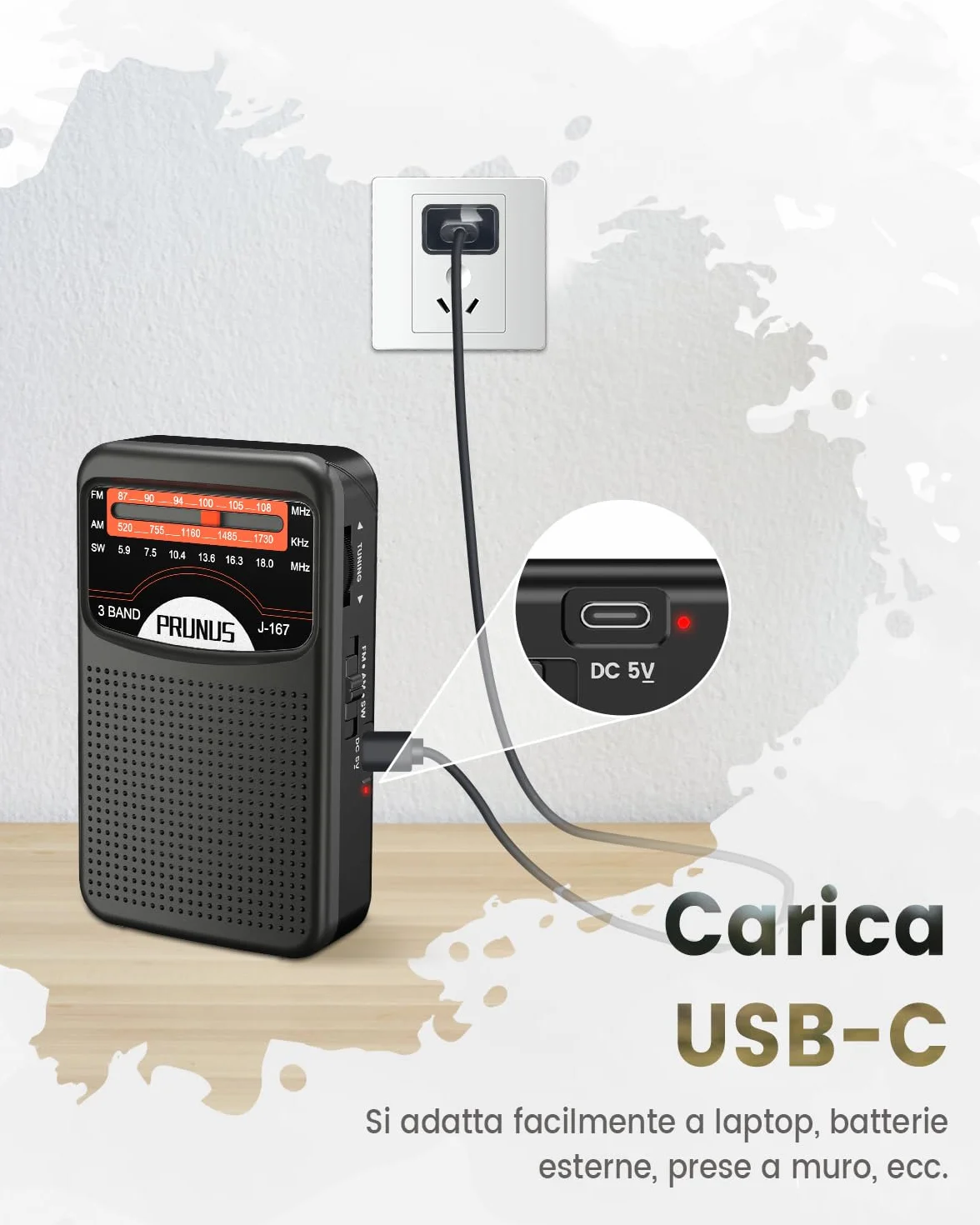 PRUNUS J-167 Radio Portatile Ricaricabile FM/AM con Jack/Cinturino, Nero