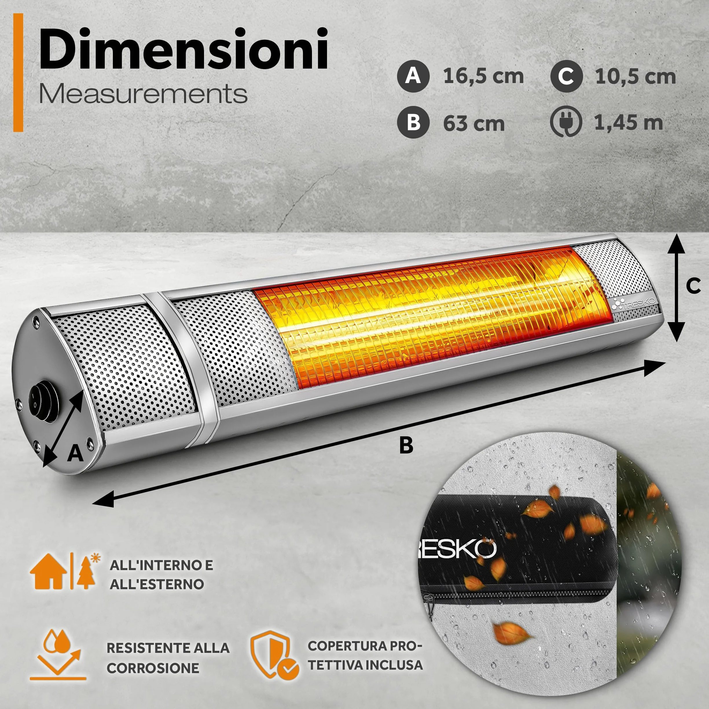 TRESKO Stufa a Infrarossi 2000W Telecomando 3 Livelli Calore Riscaldatore Patio Interno Esterno Parete Quarzo Argento