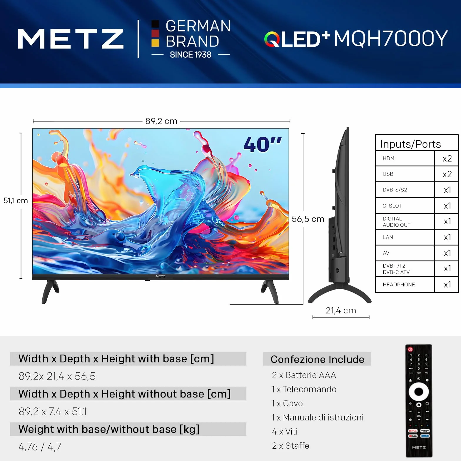 Metz 40 Pollici Smart TV Google TV LED QLED+ HDR10 Dolby Audio Bluetooth 5.1 EyeCare DVB-T/T2/C/S/S2 CI+ HEVC Main10 1.5GB RAM 40MQH7000Y