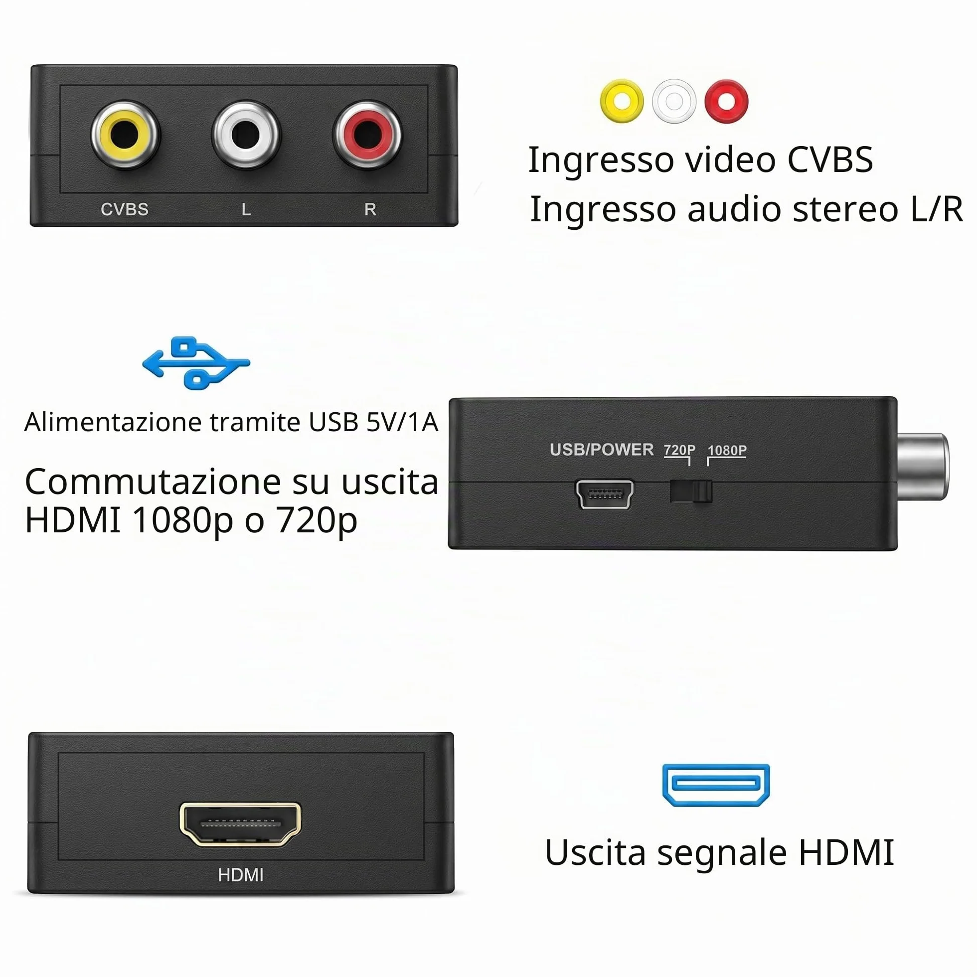 Convertitore RCA a HDMI, Adattatore AV a HDMI Mini 1080P, Composite Video Audio a HDMI, Plug & Play con Cavo USB, PAL/NTSC/SECAM per PS1 PS2 Wii N64 VHS VCR DVD