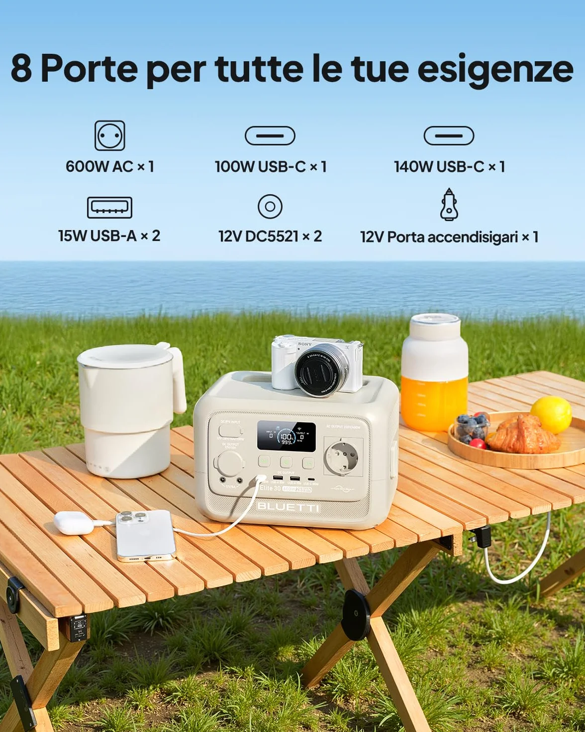 BLUETTI Elite 30 V2 Generatore Solare 288Wh, 600W (1500W Picco), Ricarica Rapida 70 min, LiFePO₄, per Campeggio e Emergenze(Grigio Sabbia Chiaro)