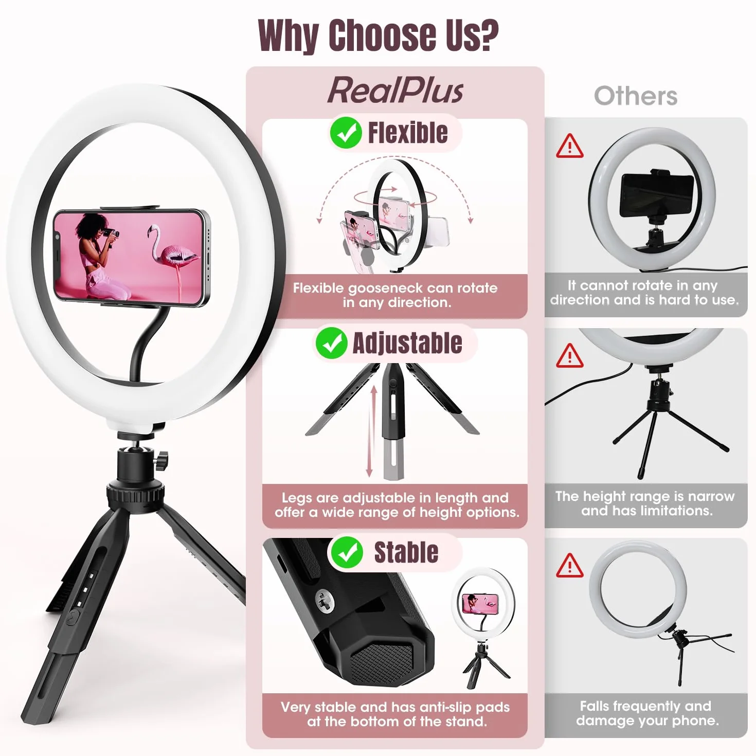 RealPlus 10" Selfie Ring Light, Luce ad Anello per Telefono, 120 LED, 3 Modalità di Illuminazione, Ricaricabile a Clip