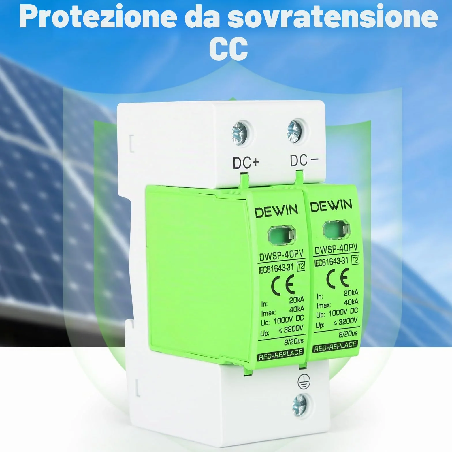 DEWIN Scaricatore di Sovratensione 2P 40KA DC 1000V Fotovoltaico Protezione Fulmini