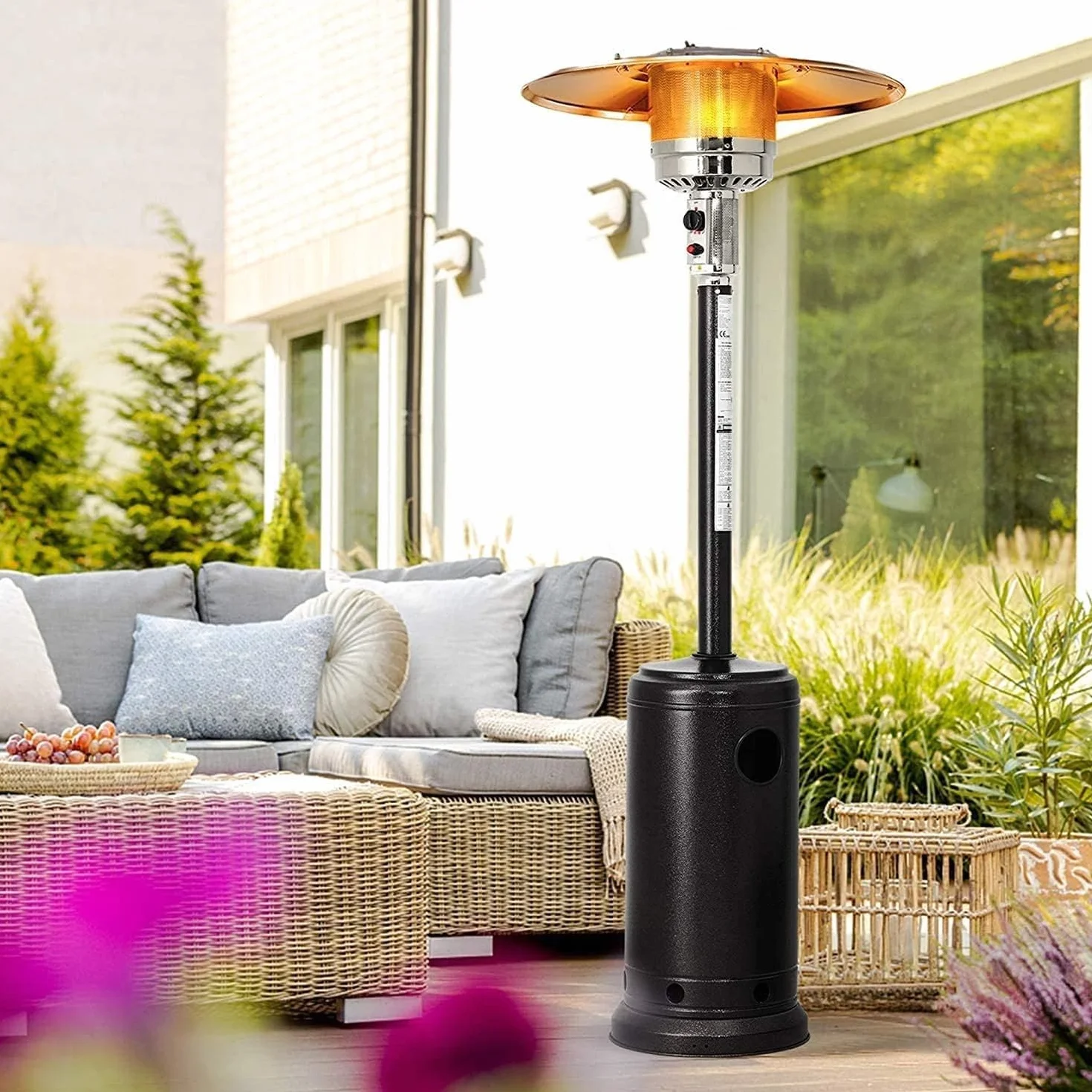 Stufa a Fungo Riscaldante per Esterno a Gas 12kW, Accensione Piezoelettrica, Ruote Integrate, Compatibile con Bombola 15Kg, Nero