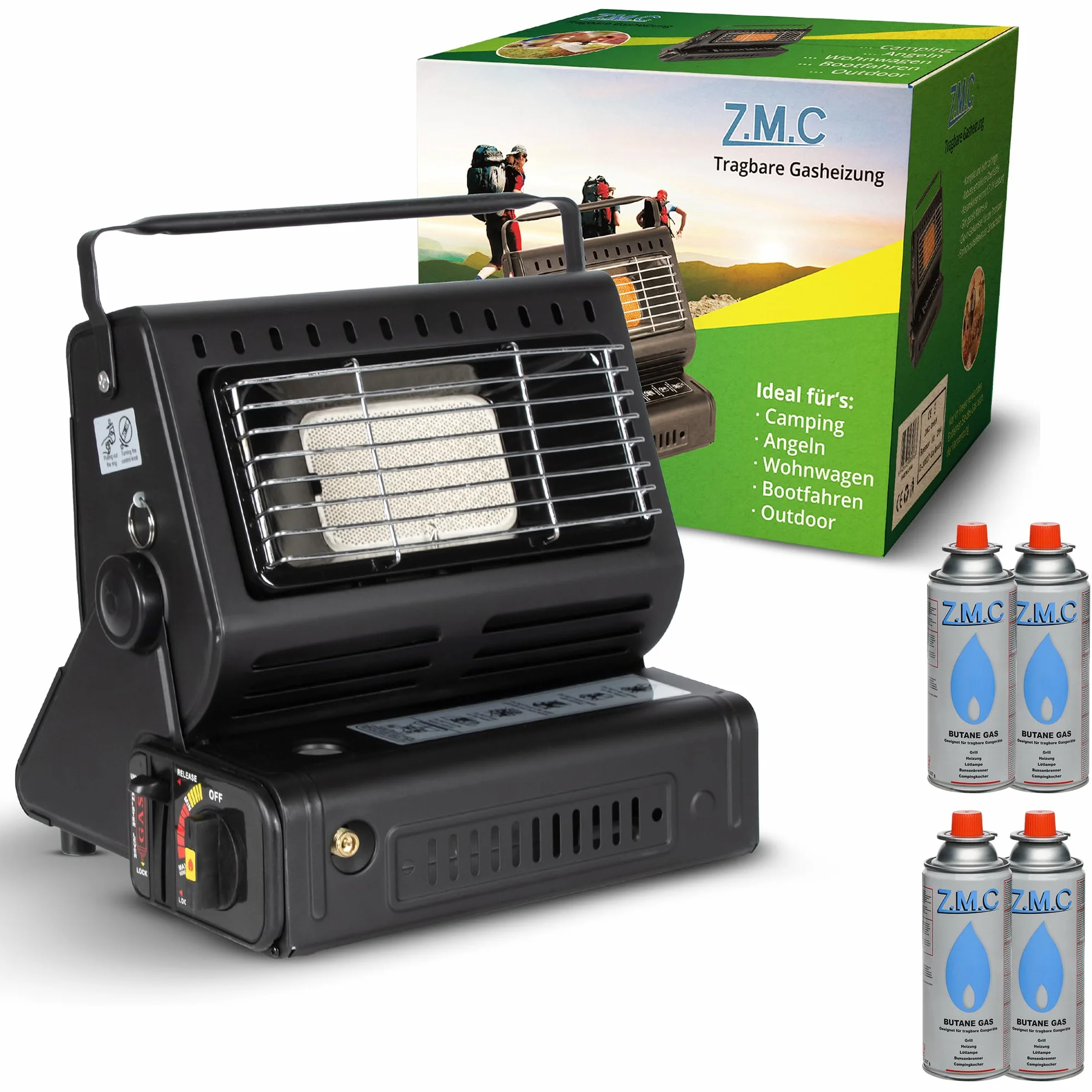 Z. M.C 2-in-1 Riscaldamento a Gas e Fornello a Gas con LPG Collegamento + 4 Cartucce di Gas 227g, Campeggio Riscaldamento 1,3 kW, Stufa per Esterno con Bruciatore Piezo