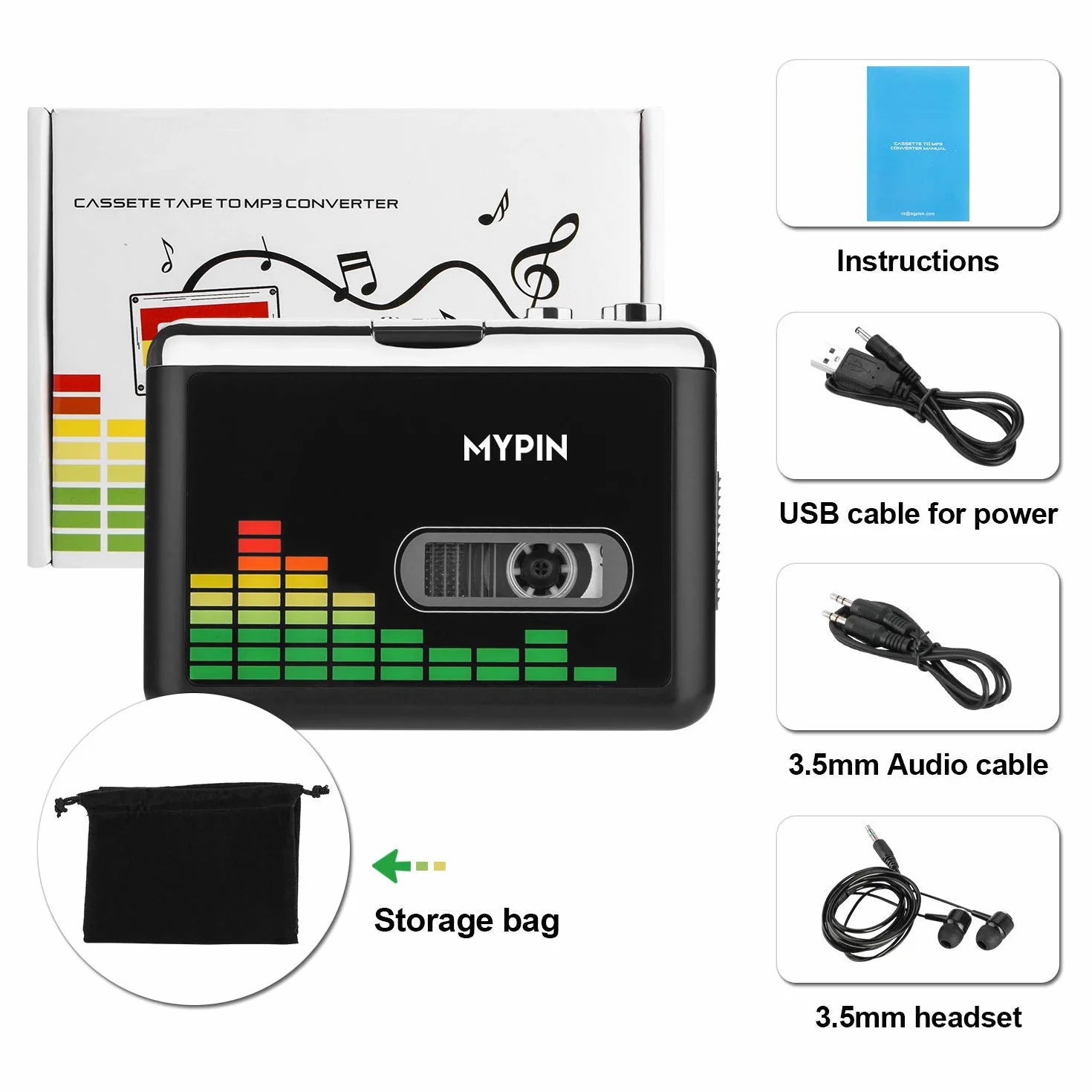 MYPIN Registratore a Cassetta Portatile Lettore Convertitore da Cassetta a MP3 USB con Auricolari