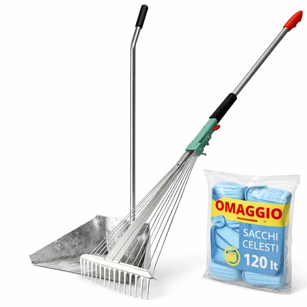 Kit Pulizia Giardino Alzaimmondizia Acciaio Zincato 35x25x76h cm + Scopa per Foglie 15 Denti con Manico Telescopico 80-165 cm, Rastrello Regolabile – LEMAG SRL