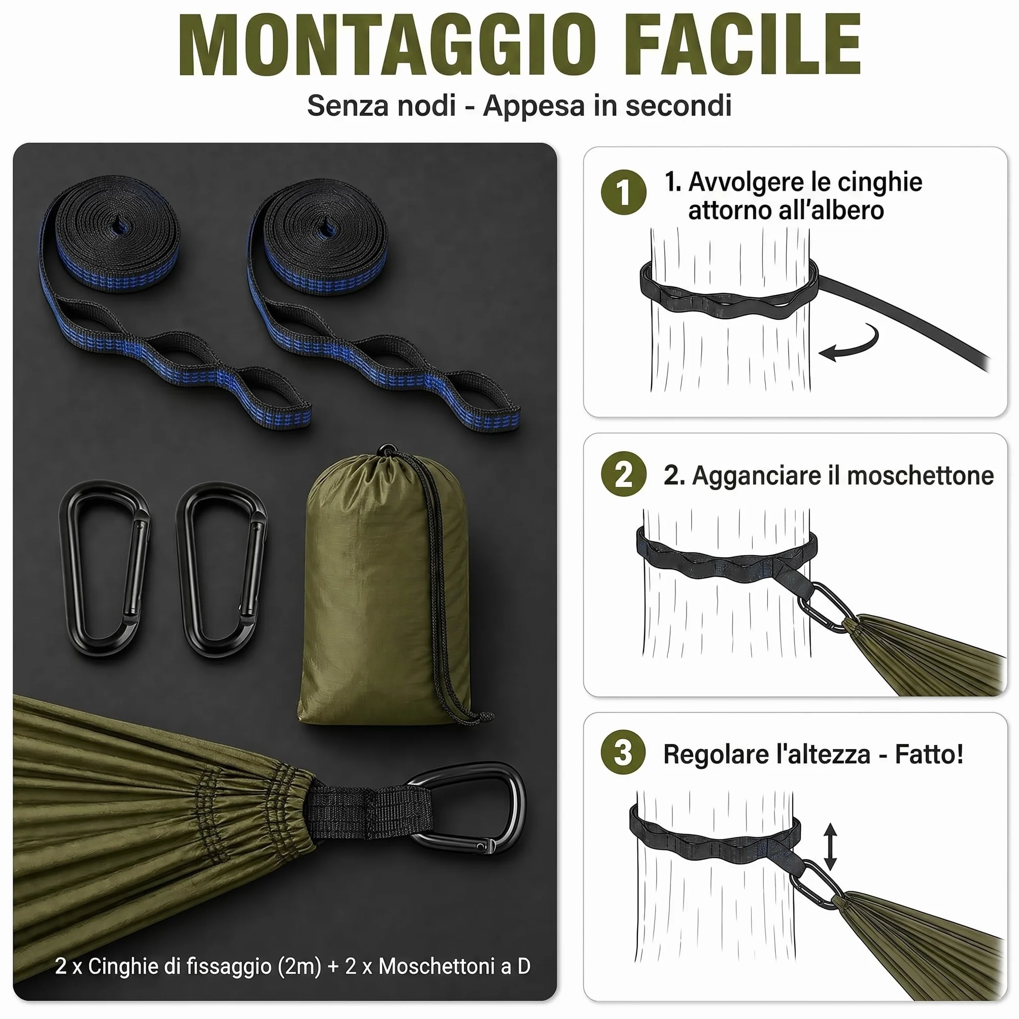 Amaca Doppia Ultraleggera Verde Militare 300 kg per Esterno Campeggio con Cinghie e Anelli a D