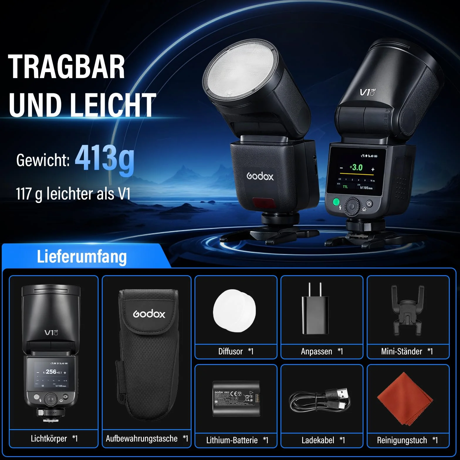 Godox V1 Mid C Flash Fotocamera 55Ws Speedlite Testa Rotonda TTL 2,4G HSS 1/8000s USB-C Compatibile Canon EOS R5 R8
