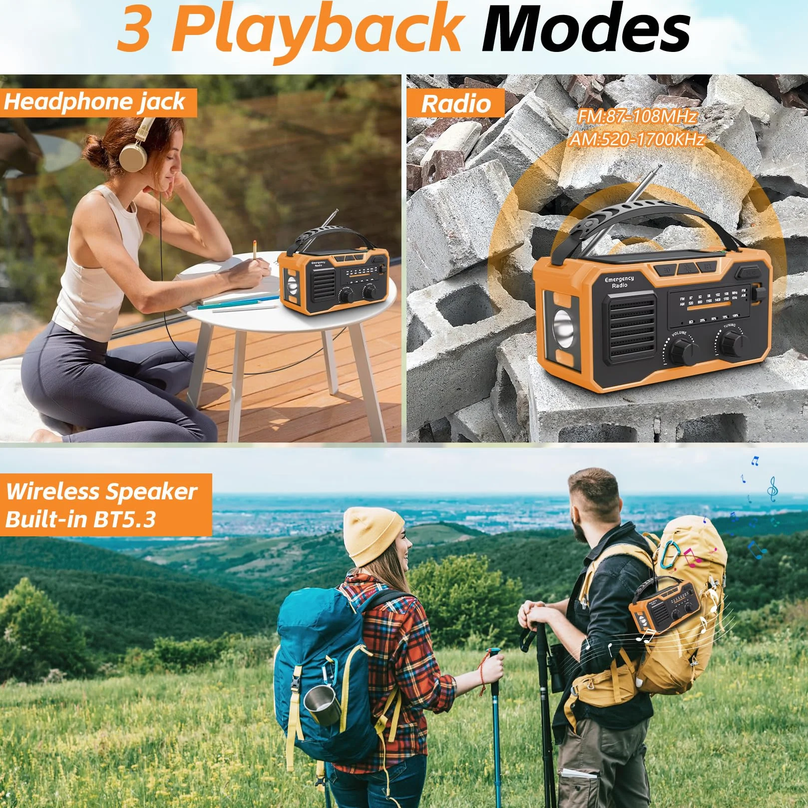 Radio a Manovella 27000mAh FM/AM Bluetooth 5.3 Solare Dinamo Allarme SOS Torcia Elettrica Arancione