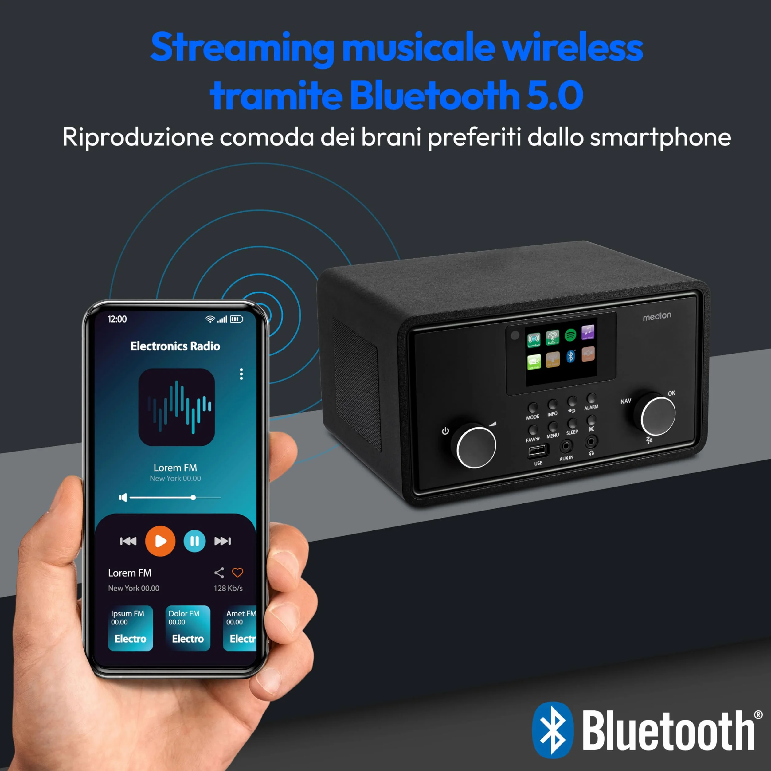 MEDION P85027 Internet radio DAB Plus FM Spotify Connect WLAN Bluetooth streaming equalizzatore display a colori USB AUX sveglia snooze sleep timer nero