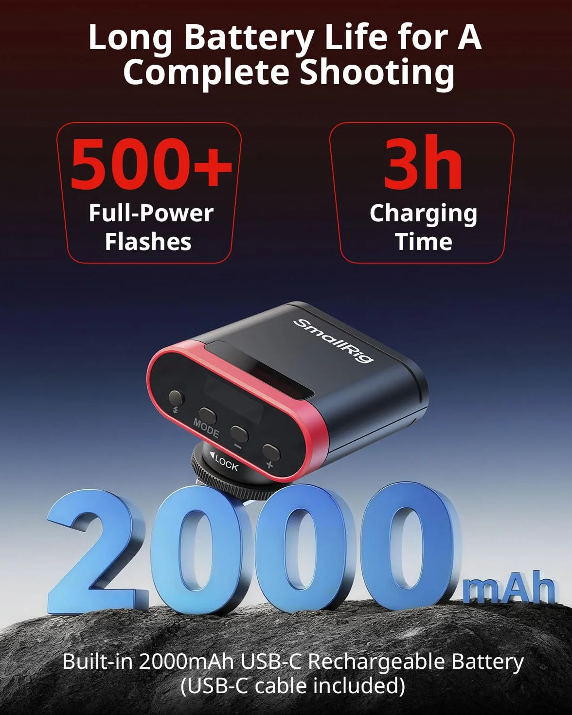 SMALLRIG RS20 Mini Speedlite Flash, fotocamera portatile Flash con batteria 2000 mAh, 12 flash indice, ricarica USB-C