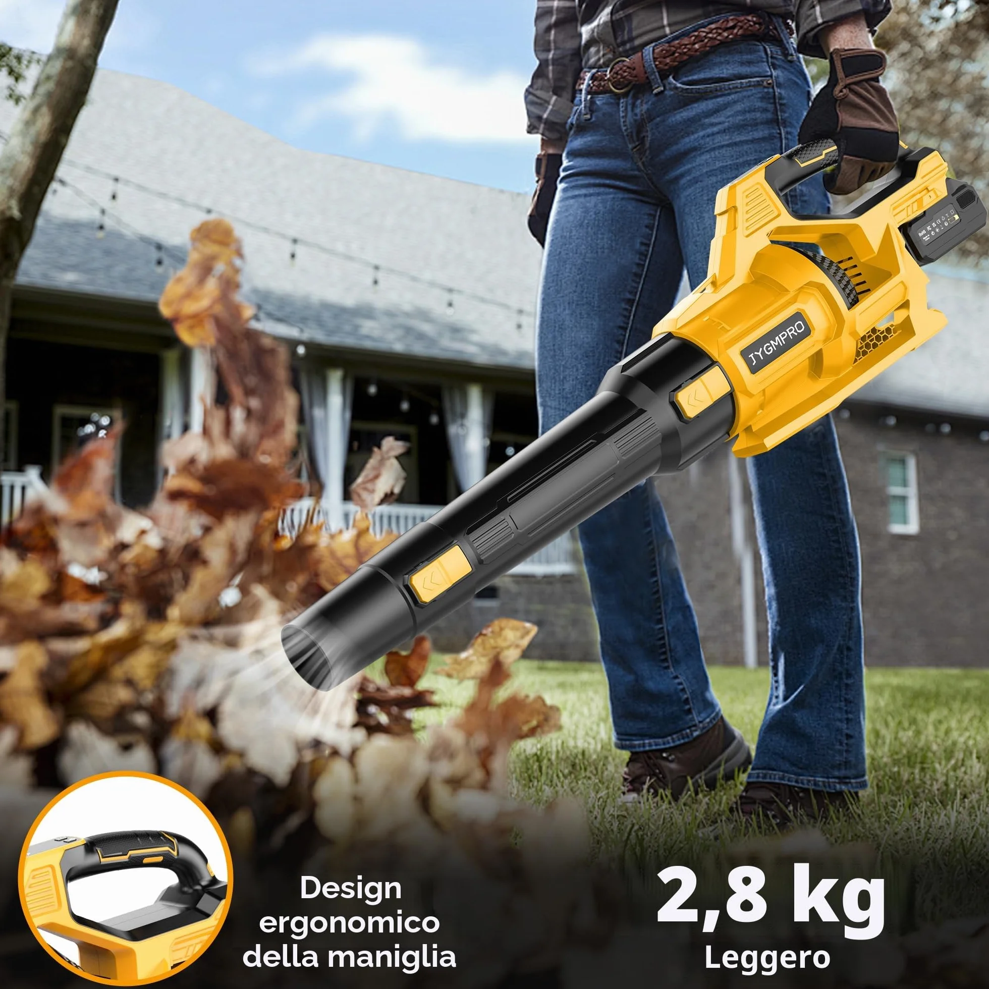 21V Soffiatore a Batteria, Soffiatore Foglie Elettrico con 2 Batteria da 4,0Ah, 2 Ugelli, 3 Velocità Regolabili, Tracolla per Foglie, Neve, Polvere e Detriti