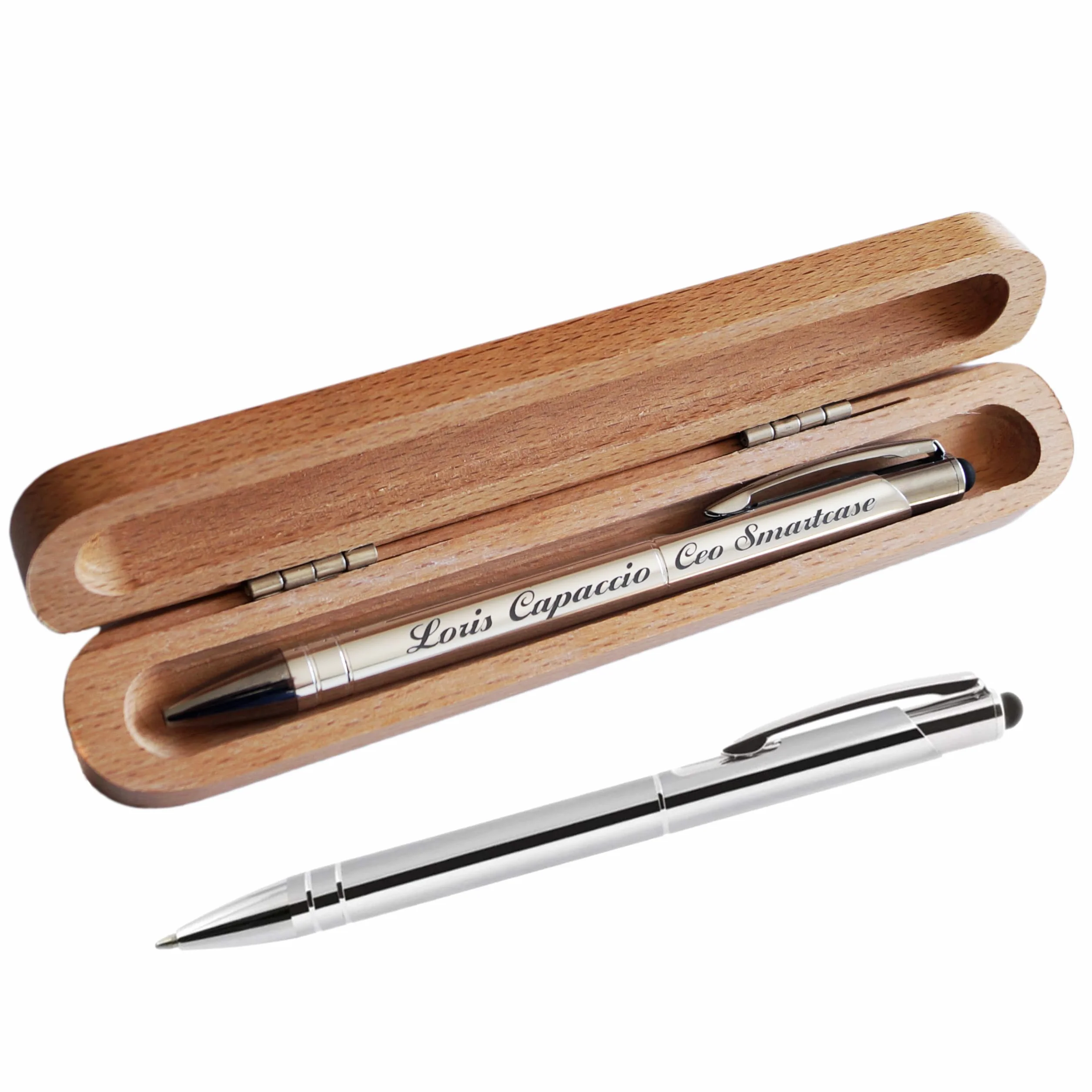 Stileitaliano Penna a sfera personalizzata a scatto in alluminio touch custodia in legno Argento