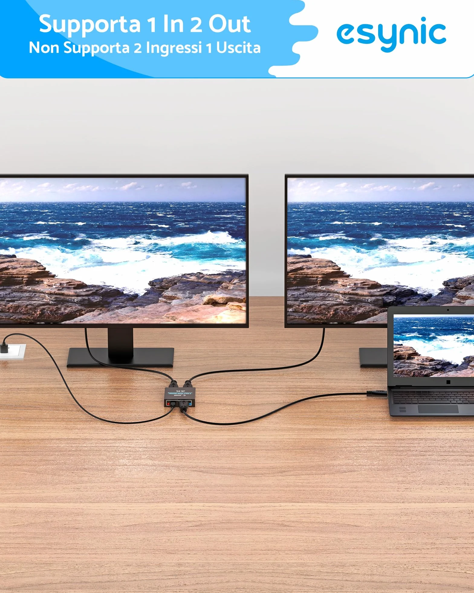 ESYNiC HDMI Splitter 1 in 2 Out 4K/30Hz con Cavo HDMI 1m e USB-C, UHD 4Kx2K Amplificatore Distributore, Supporta 3D 1080P 2160P HDCP 1.4