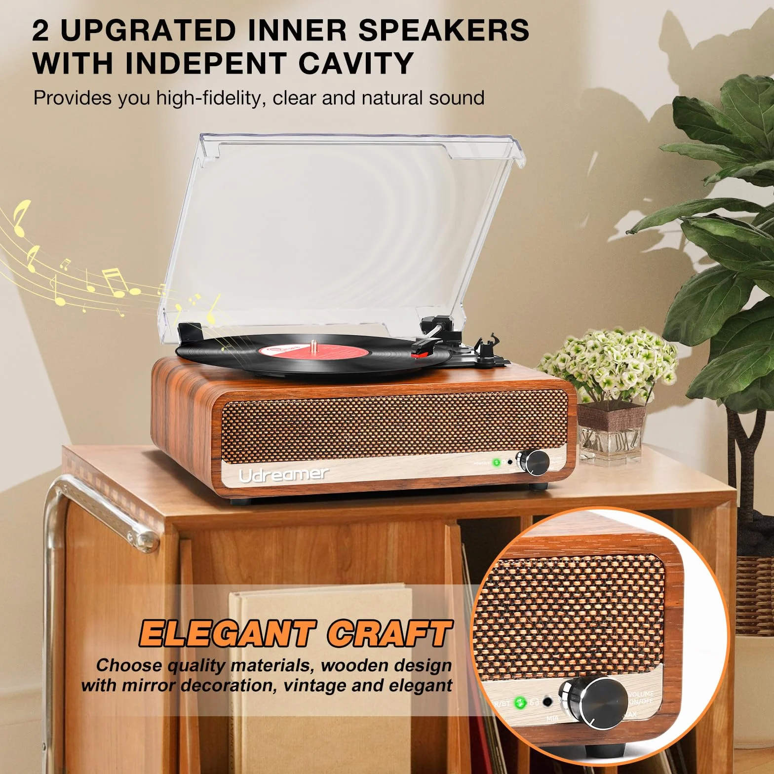 Udreamer Giradischi Bluetooth con Altoparlante, USB, AUX-in, Cuffie, RCA, Line-Out, 3 Velocità, Cinghia, Auto-Stop, Design Specchio, Arancione Giallo