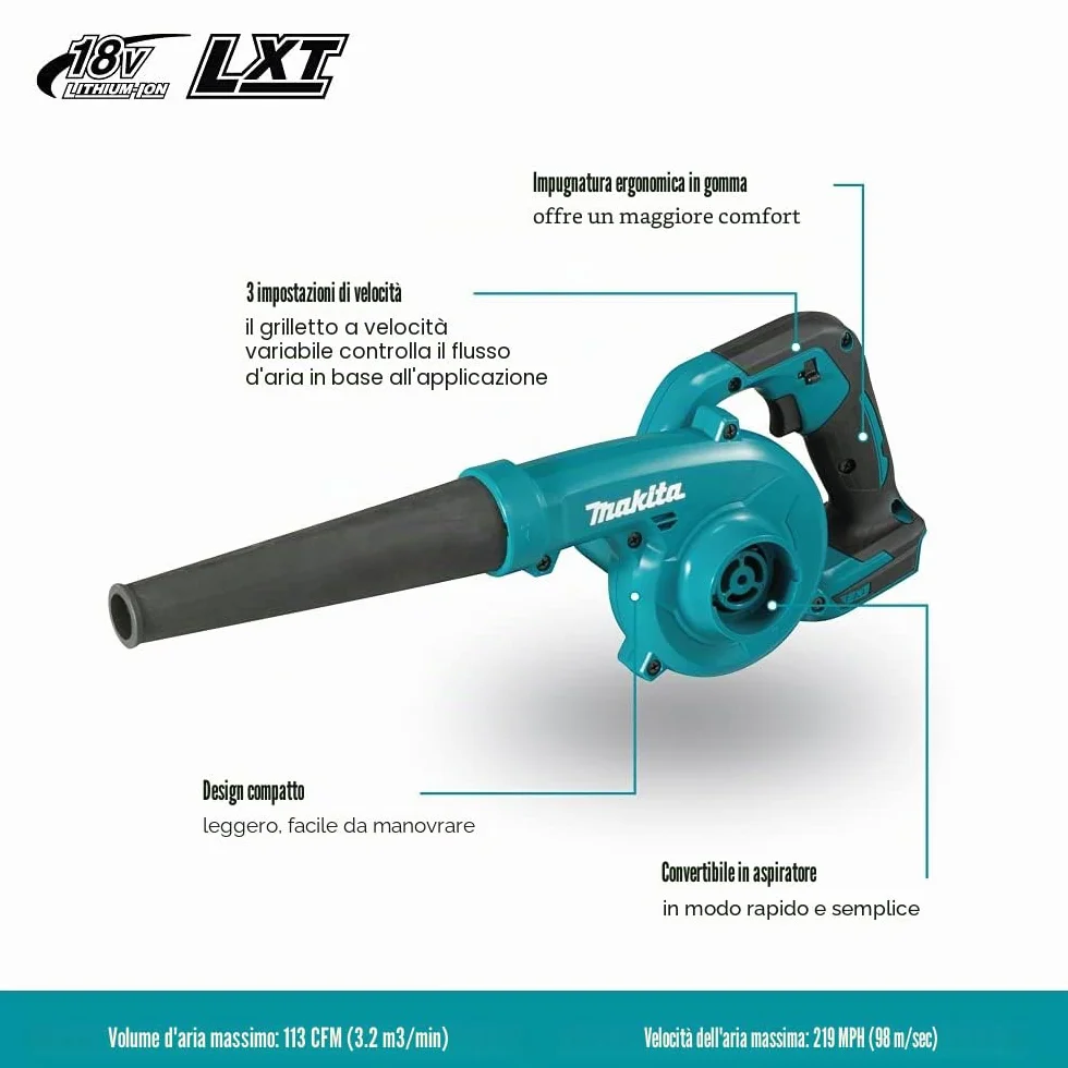 Makita DUB185Z Soffiatore Batteria 18V LXT 98 m/s 3,2m³/min Solo Corpo