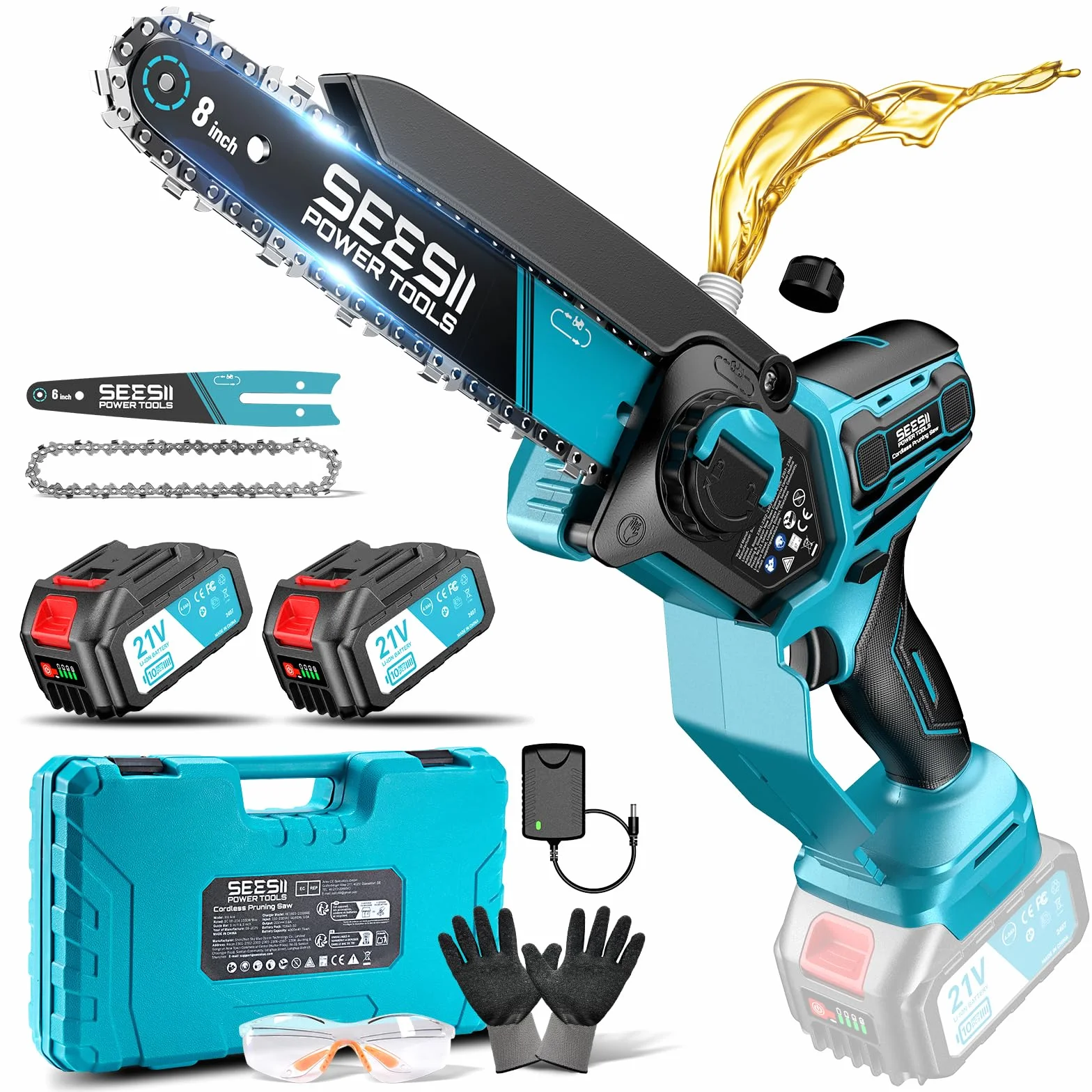 SEESII 6 & 8 Motosega a Batteria, 1000 W Mini Motosega con 2 * 4000 mAh Batterie, Sega Elettrica per Legno con Lubrificazione Automatica, Chainsaw Motosega da Potatura, Rami