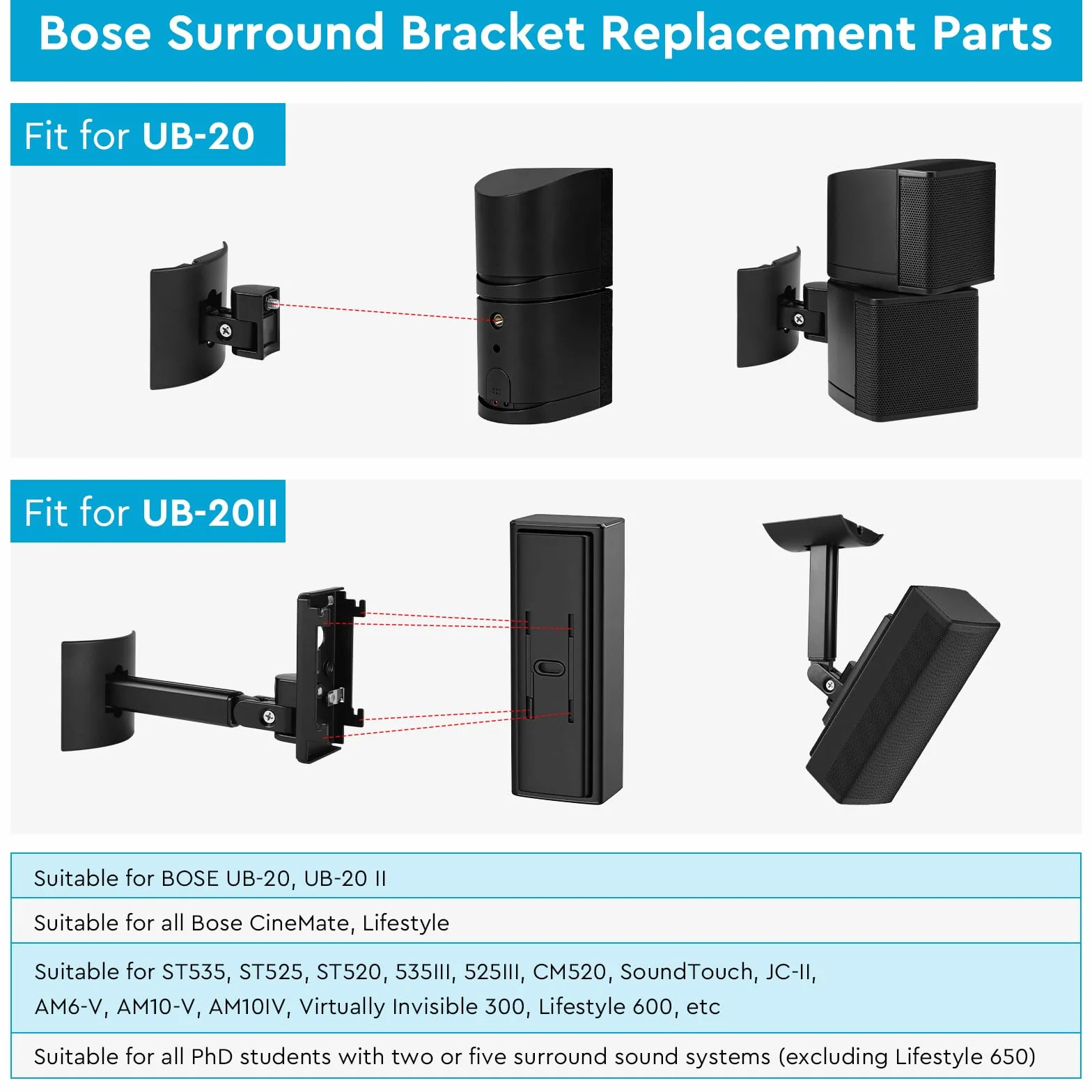 Bose UB-20 UB-20 Series II WB-50 II Supporti per altoparlanti a parete soffitto Braccio regolabile angolazione personalizzabile Nero