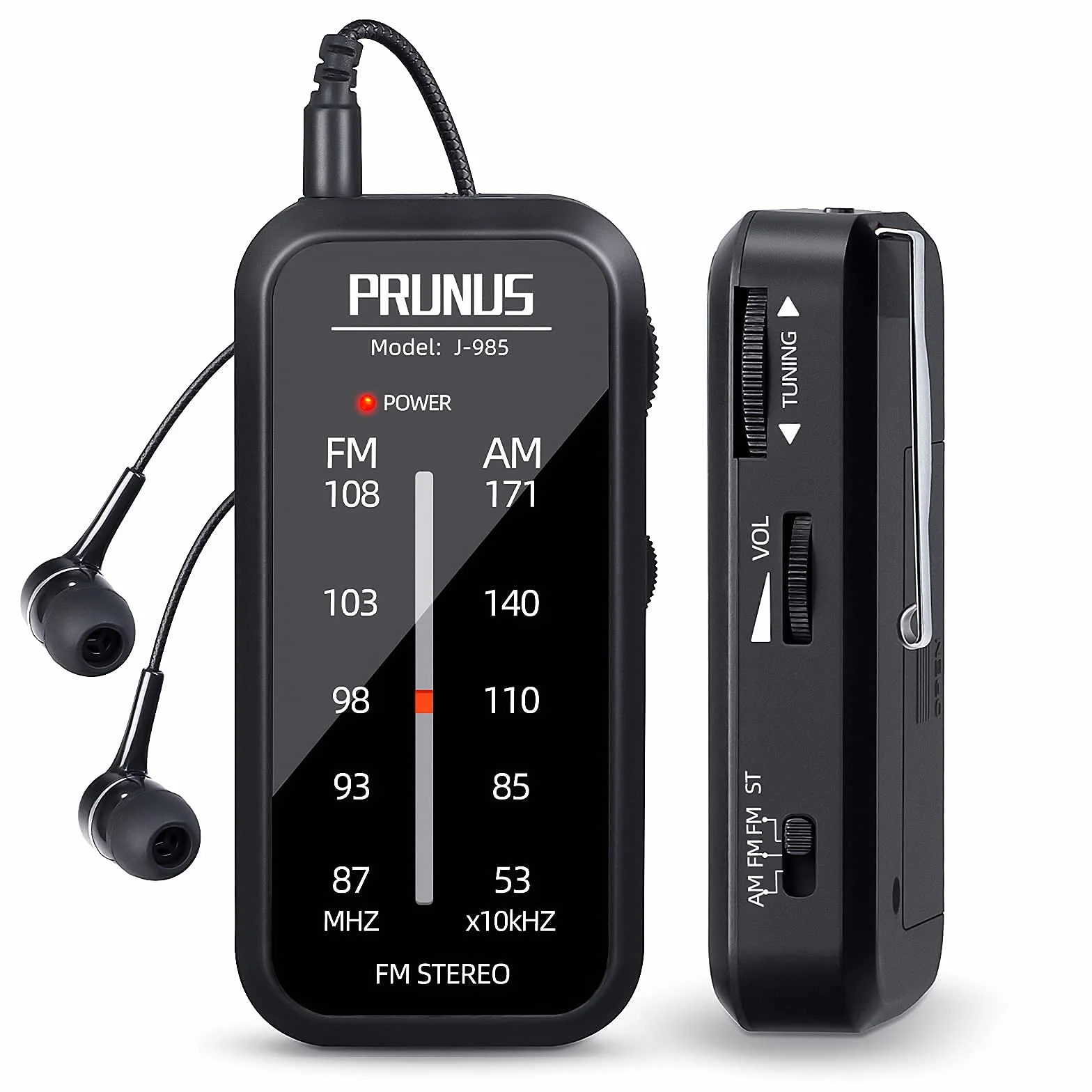 PRUNUS J-985 Mini Radio Portatile FM/AM Stereo Tascabile con Cuffie e Clip