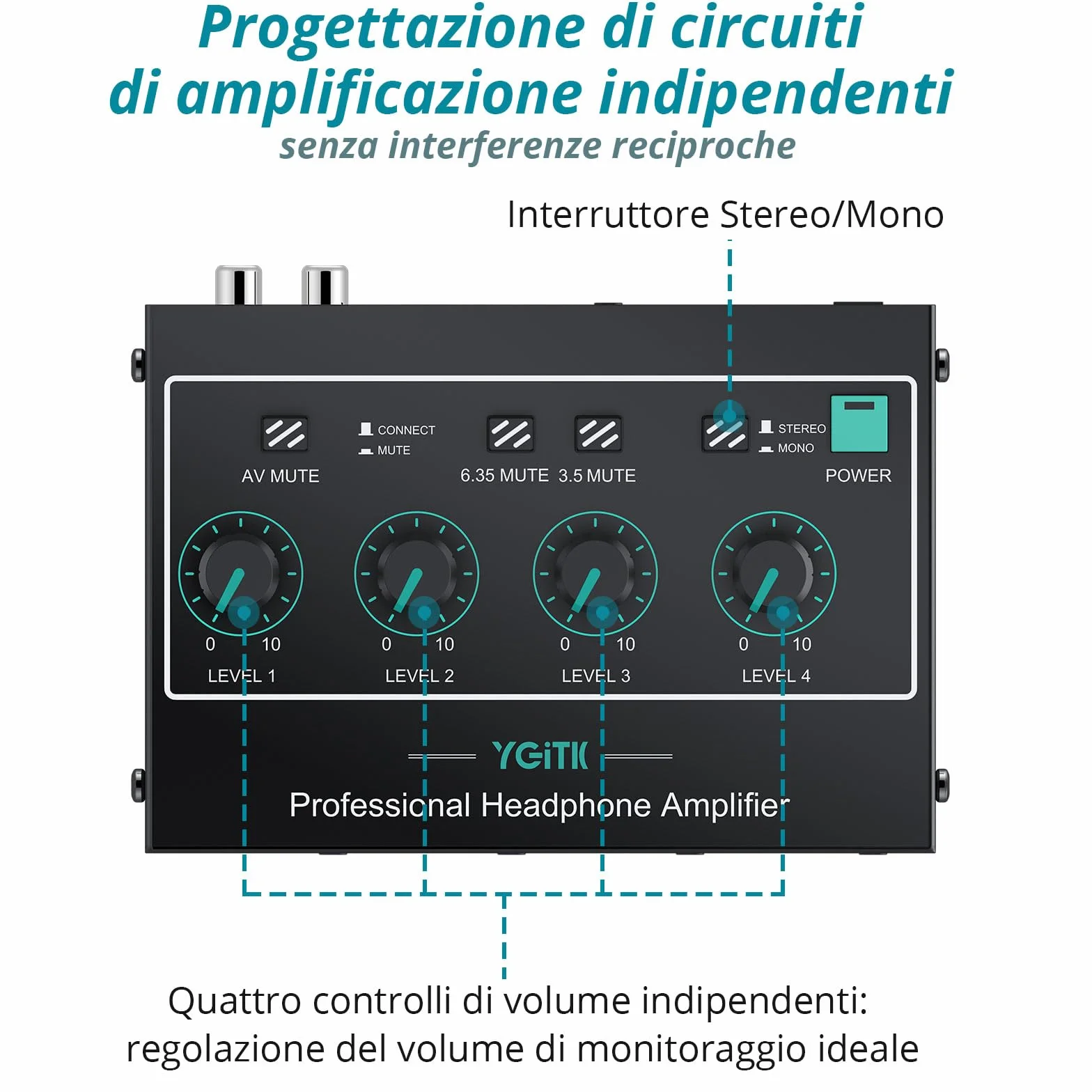Amplificatore per Cuffie Professionale 4 Canali Audio Mono/Stereo con Ingressi 3,5 mm/6,35 mm per Club, Bar, Mixer