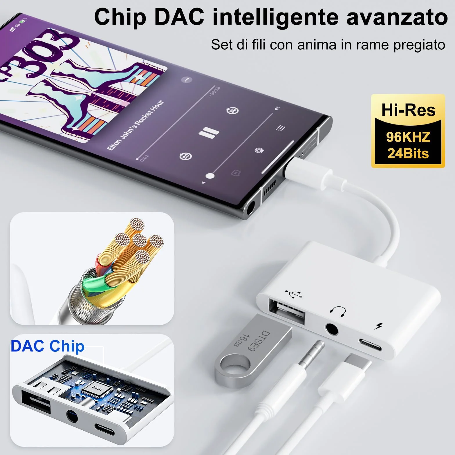 Adattatore USB C Jack 3.5 mm 60W OTG Splitter Audio Tipo C a Aux per iPhone 17/16/15 Samsung Galaxy S25 Ultra A56 S24 S23 iPad Pro Air Pixel