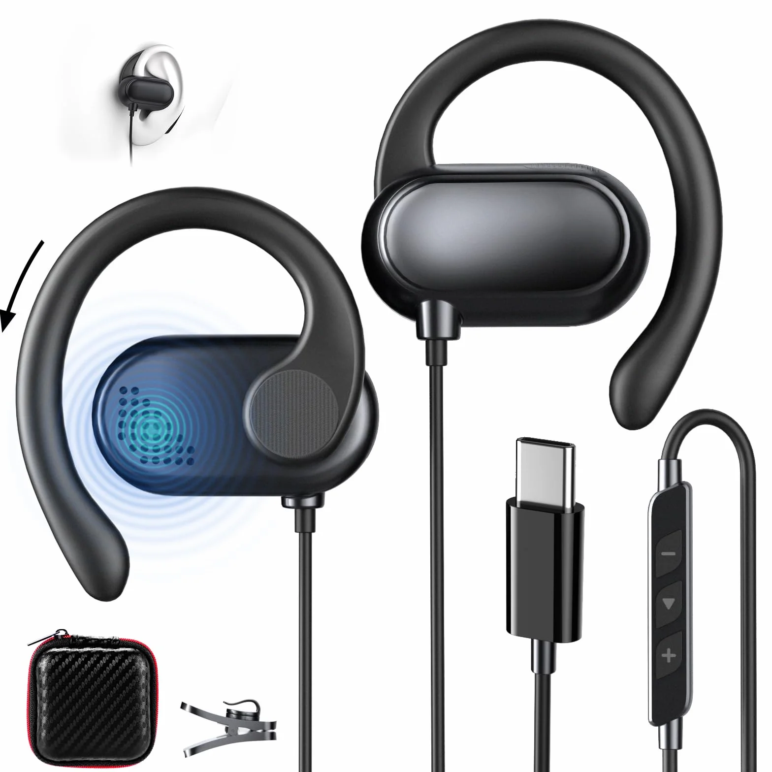 Open Ear Cuffie USB C Sport Gancio Regolabile Microfono Controllo Volume per Samsung Galaxy S26 Ultra S25 S24 S23 A56 A16 A17, iPhone 17 16 15, Pixel 10 9 8 Nero