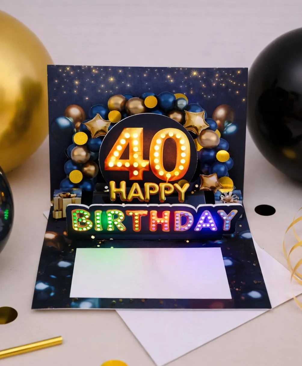 Joli Coon Biglietto auguri 40 anni uomo – Biglietto auguri compleanno 3D con musica e luce pop up, 20×15 cm, busta e adesivo sigillo