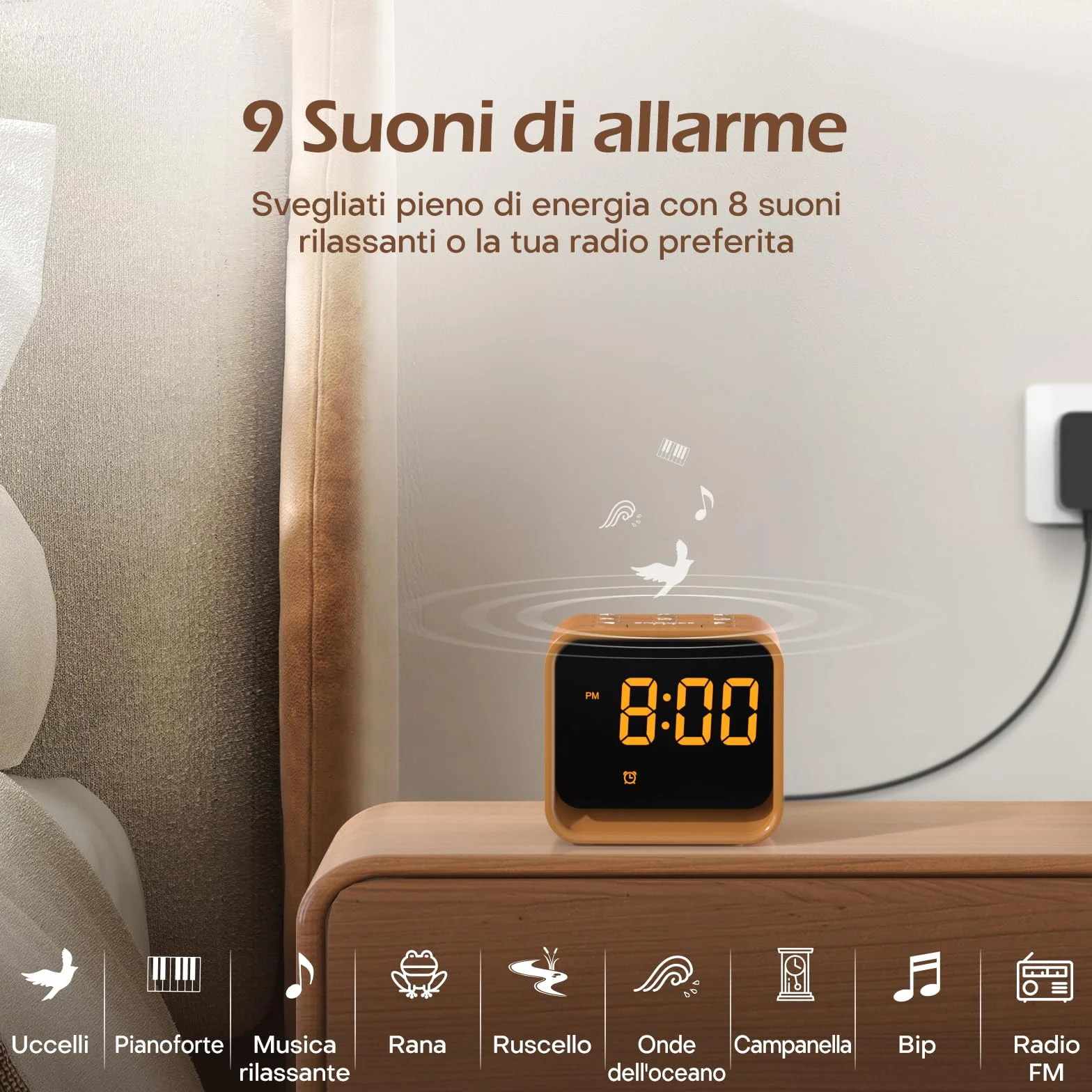 Reacher Radiosveglia Digitale FM, Macchina del Rumore Bianco, 24 Suoni Rilassanti, Display Regolabile, 7 Colori Luce Notturna, Timer, Snooze
