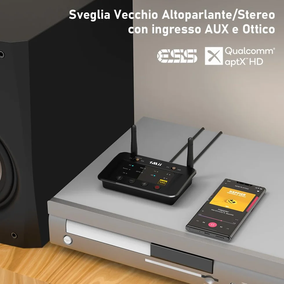 1Mii Trasmettitore Ricevitore Bluetooth 5.3 per TV, Adattatore Audio HiFi ESS DAC aptX HD Bassa Latenza RCA AUX Ottico