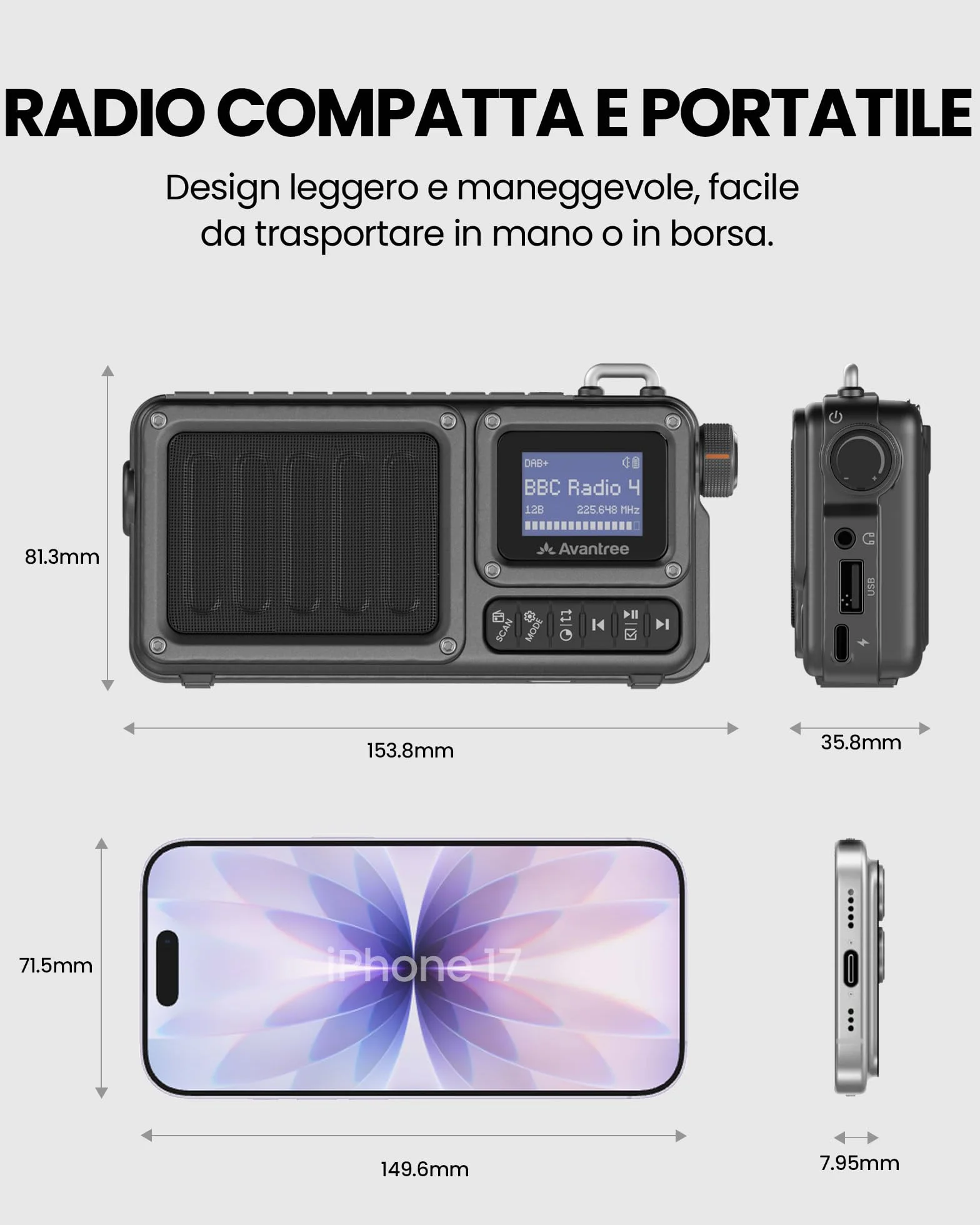 Avantree SP851 Radio Digitale Portatile DAB+/FM Bluetooth 6.0 Altoparlante Ricaricabile TF/USB Display LCD Scansione Automatica Torcia