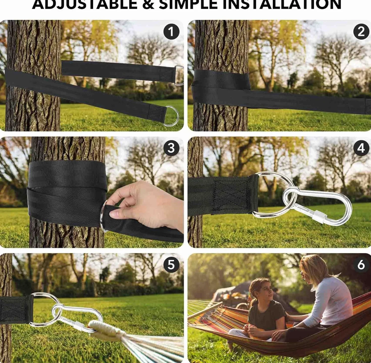 Cinghie per Amaca 150cm × 5cm Cinghie per Altalena Contiene Fino a 800kg Fissaggio per Amaca Altalena Esterno con 2 Moschettoni e 1 Borsa per Amache da Giardino e Altalene da Campeggio