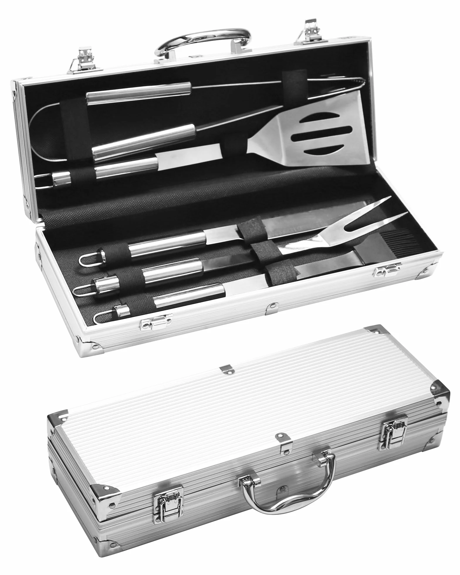 Set barbecue professionale in acciaio inox 5 pezzi - Utensili Barbecue Accessori barbecue regalo per uomini 37x12x7 cm valigetta in alluminio ideale per grigliate e cucina