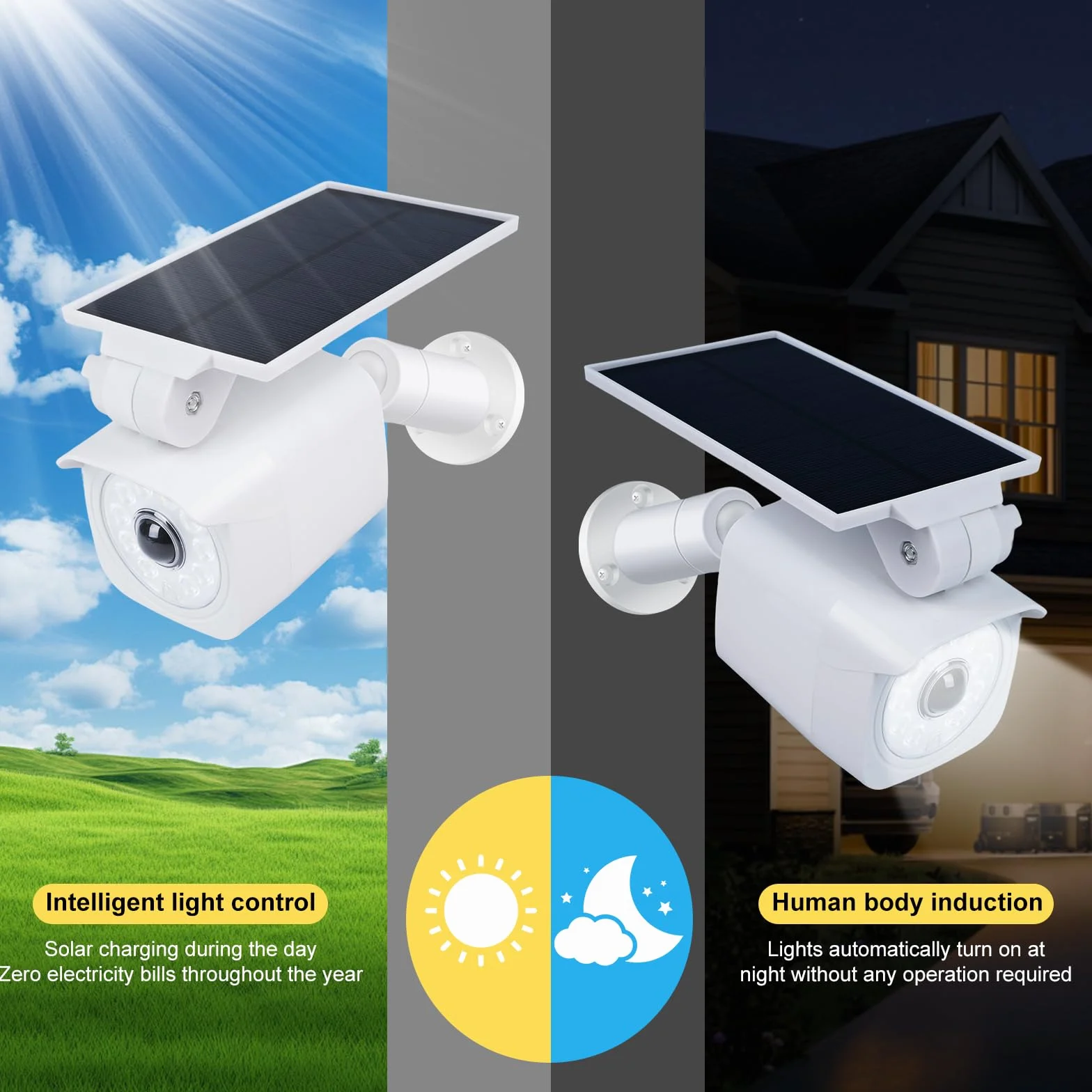 Telecamera finta da esterno Faro LED solare con sensore movimento 360° Pannello solare girevole 120° 5V 1,5W 2200mAh IP65 Bianco