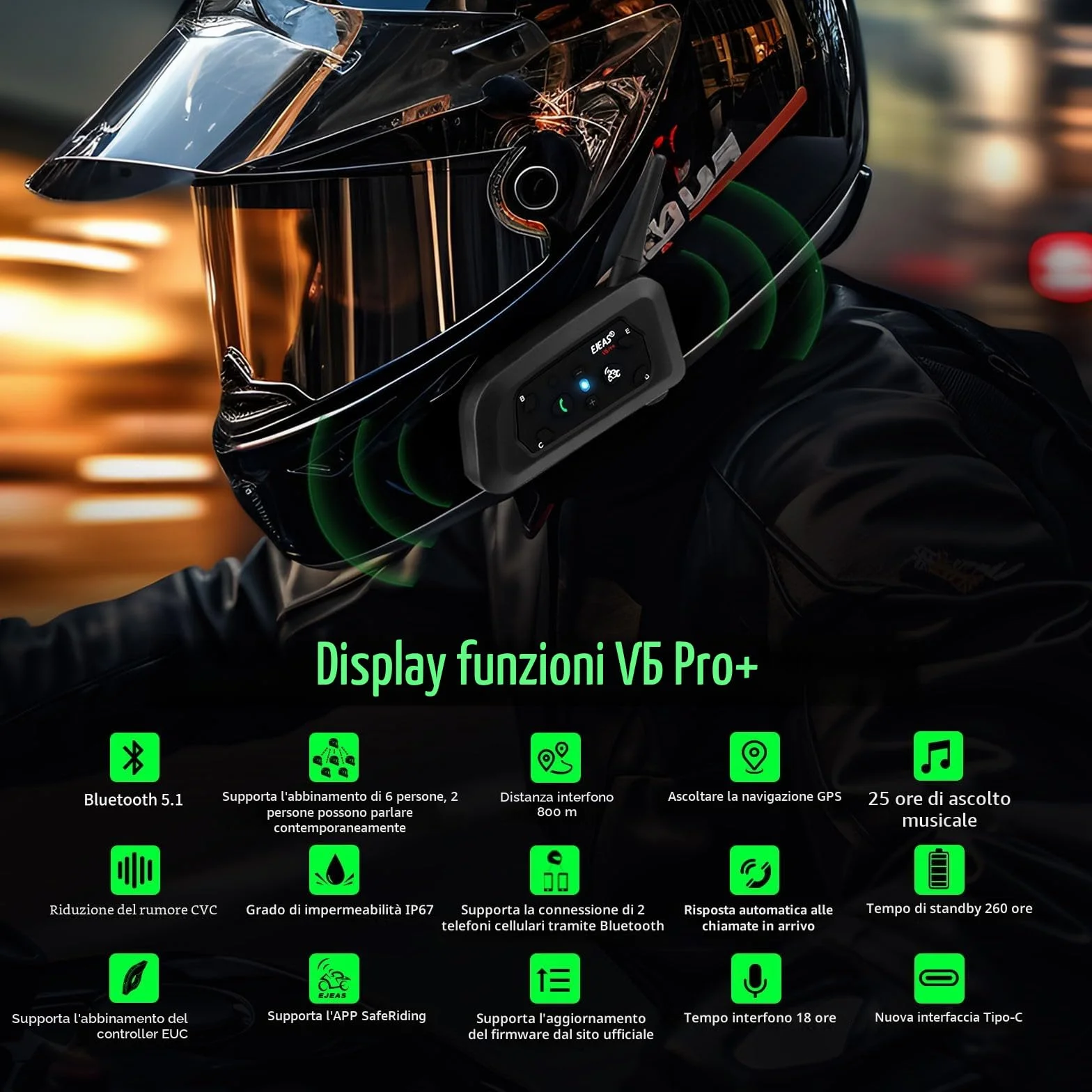 EJEAS V6 Pro+ Interfono Bluetooth per Casco Moto, Sistema di Comunicazione Bluetooth 5.1, Interfaccia Tipo C, 2 Confezione